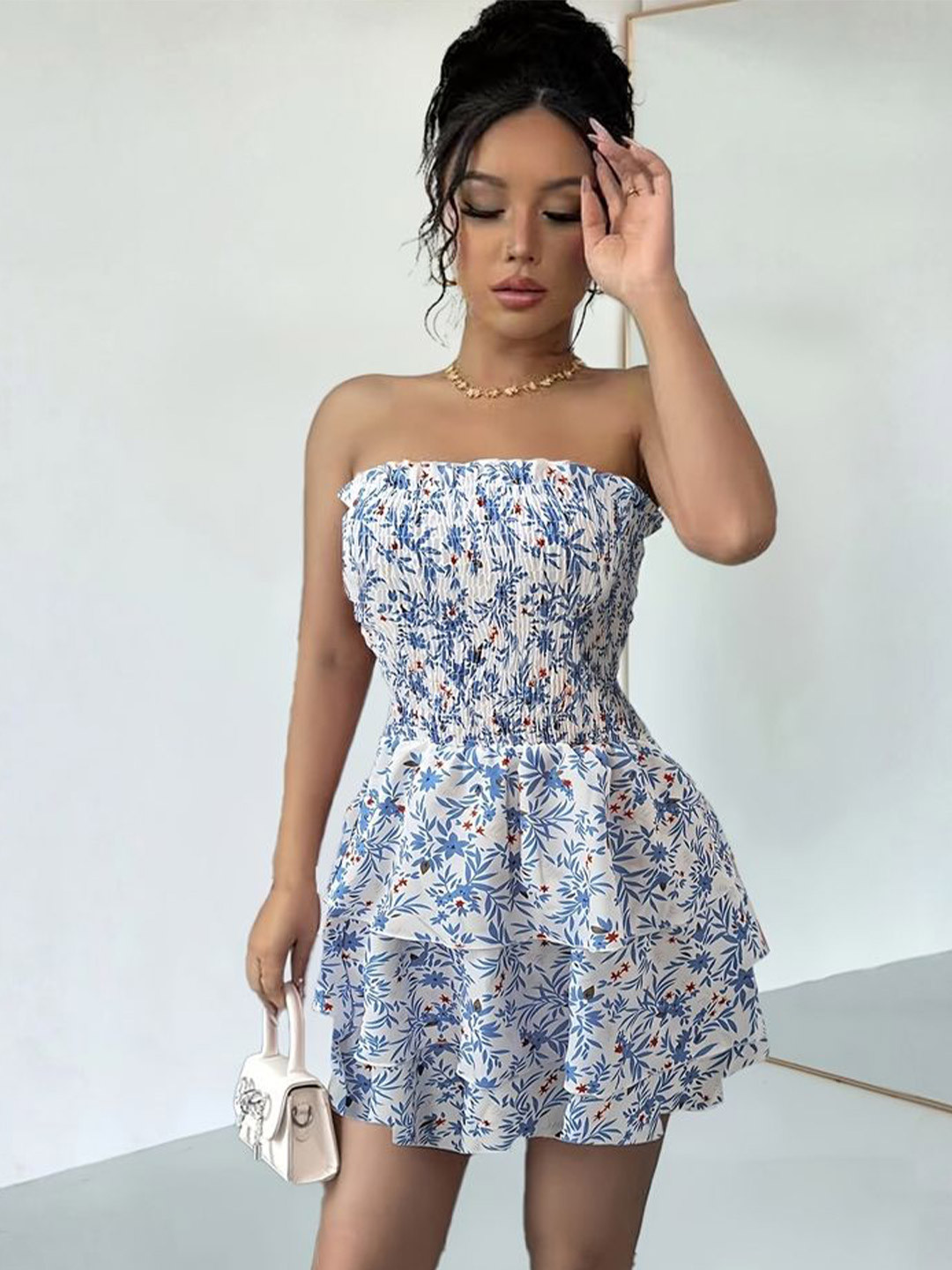 LULU & SKY Women Floral Printed Smocked Strapless tube Mini Dress
