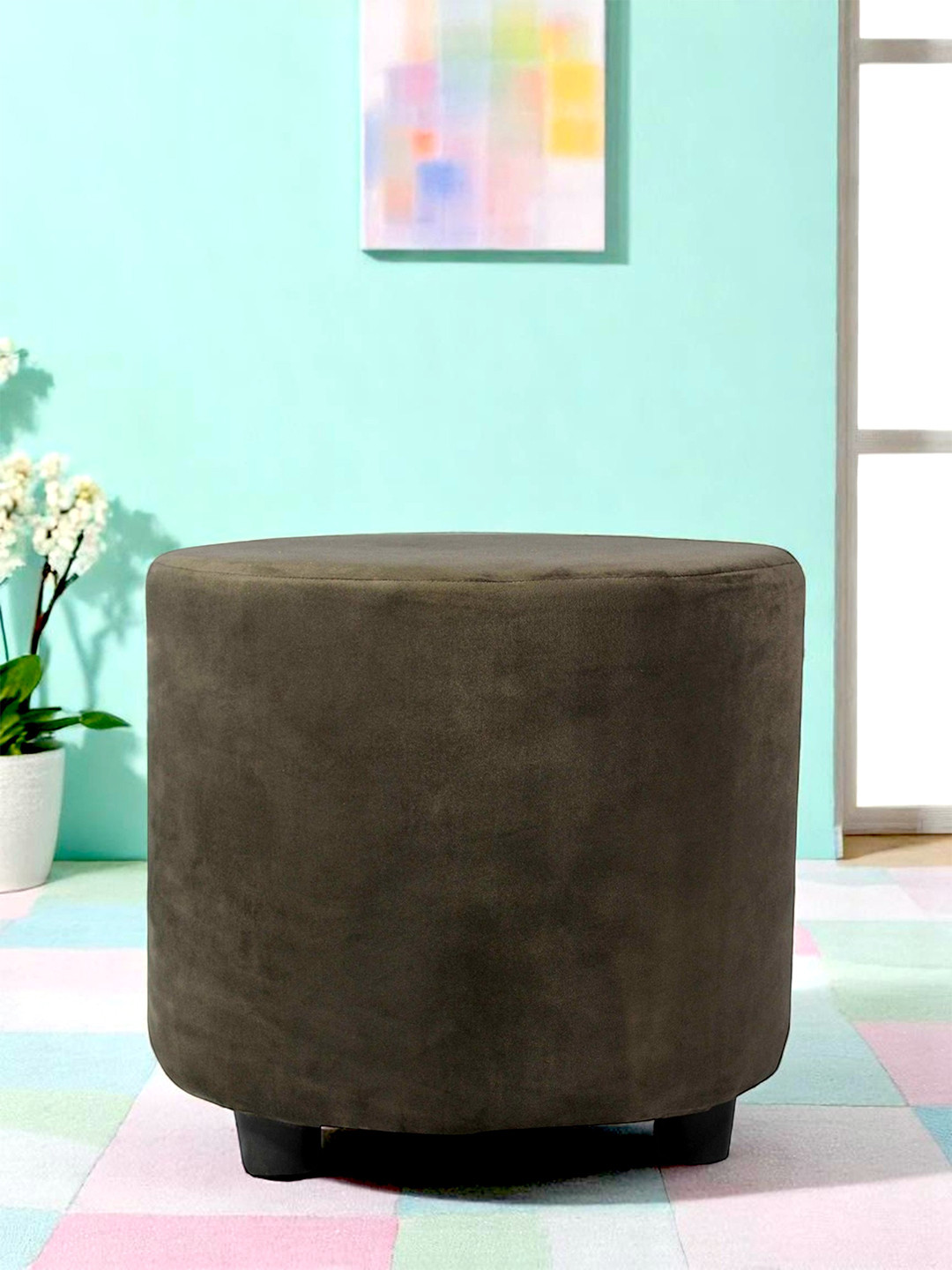 Ikiriya Lisbon Solid Wood Ottoman Pouffee In Iron Grey Velvet