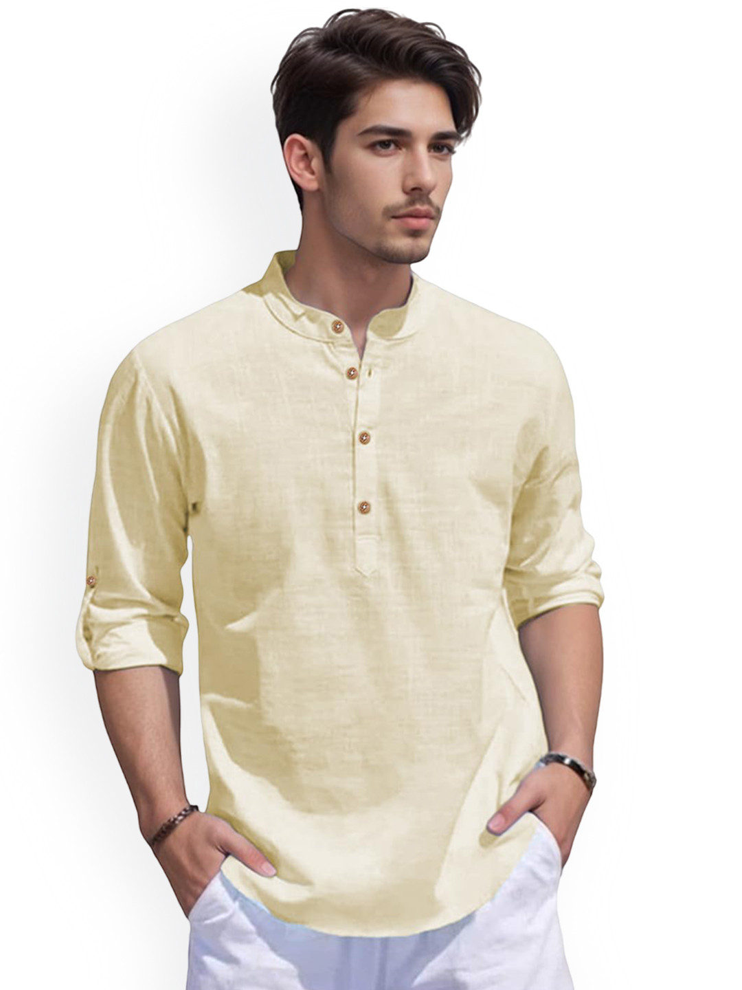 univibe Men Band Collar Roll-Up Sleeves Straight Short Kurta