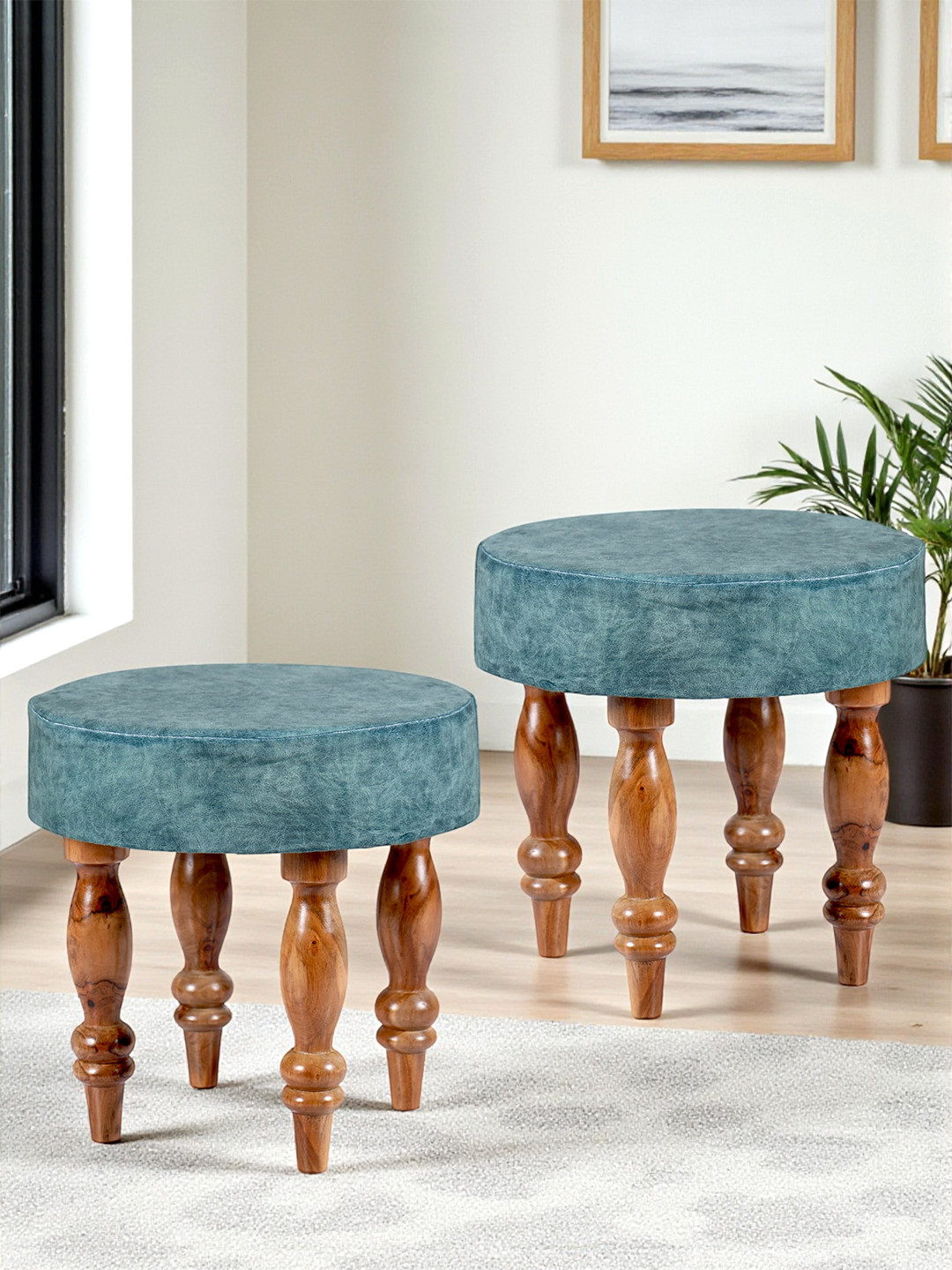 Ikiriya Sheesham Wood Round Set Of 2 Stools In Blue Jacquard Work Fabric Upholstery
