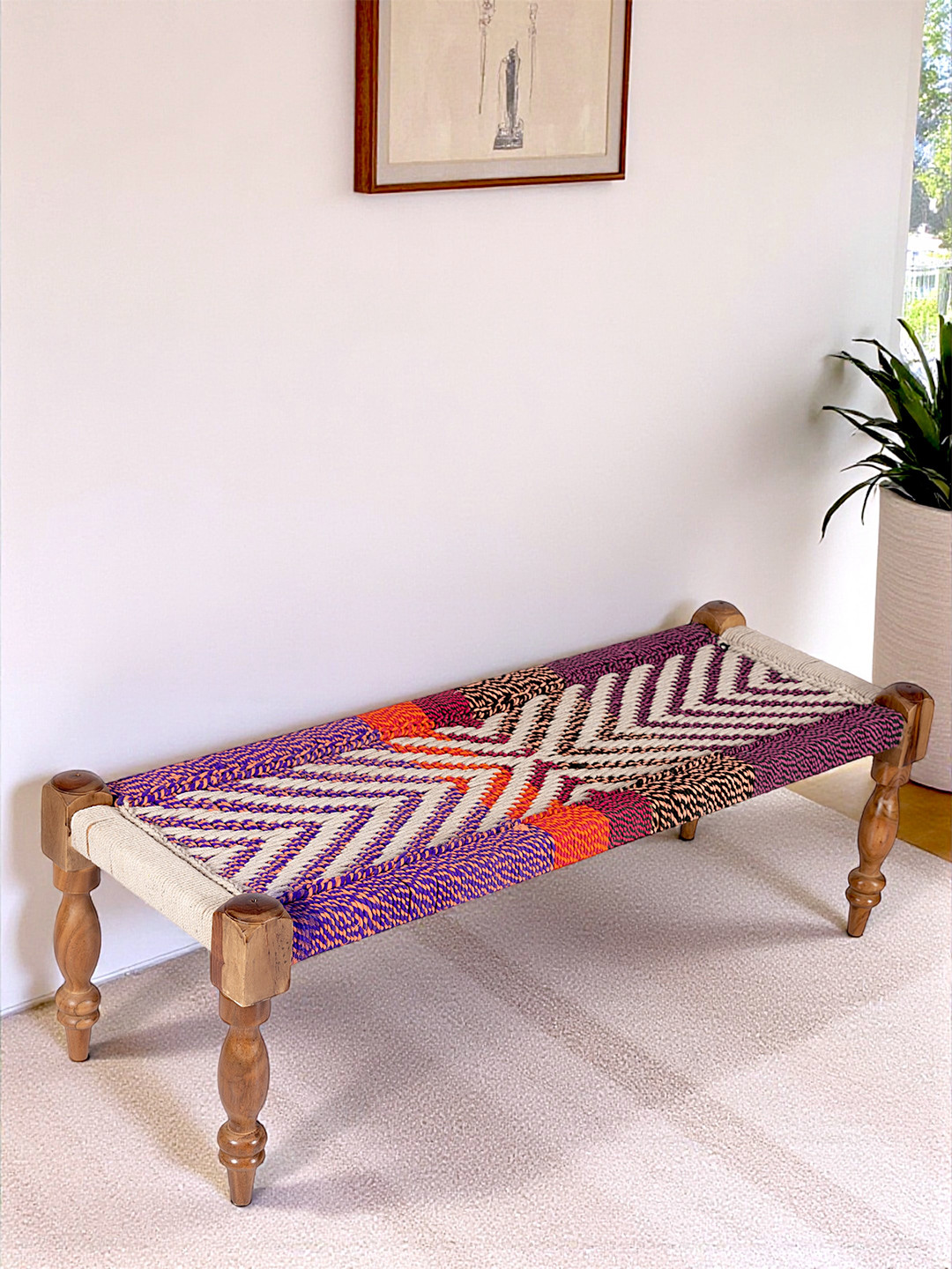 Ikiriya Sheesham Wood 3 Seater Maachi Bench In Multi Colour Chindi & White Rope Canning