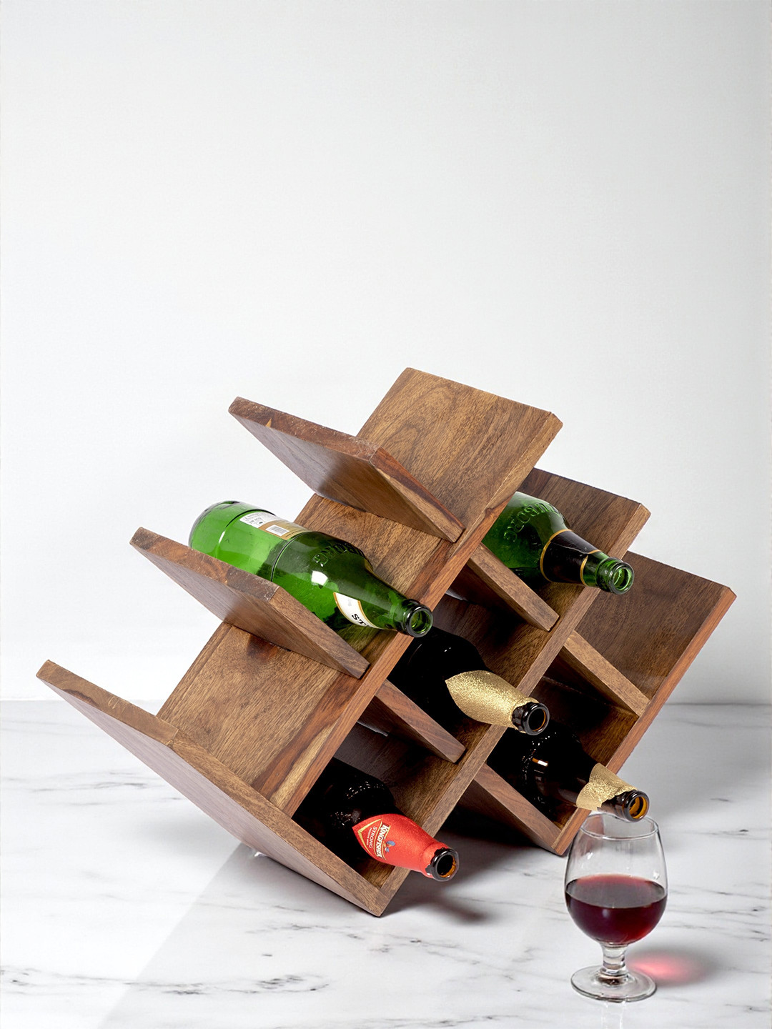 Ikiriya Kassel Sheesham Wood Accent Wine Rack In Teak Finish For Upto 8 Bottles