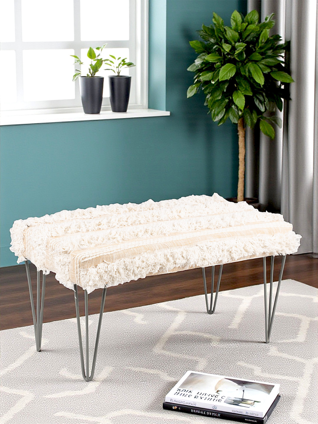 Ikiriya Sheesham Wood Mid Century 2 Seater Bench With Metal Legs In Beige Fringes Fabric