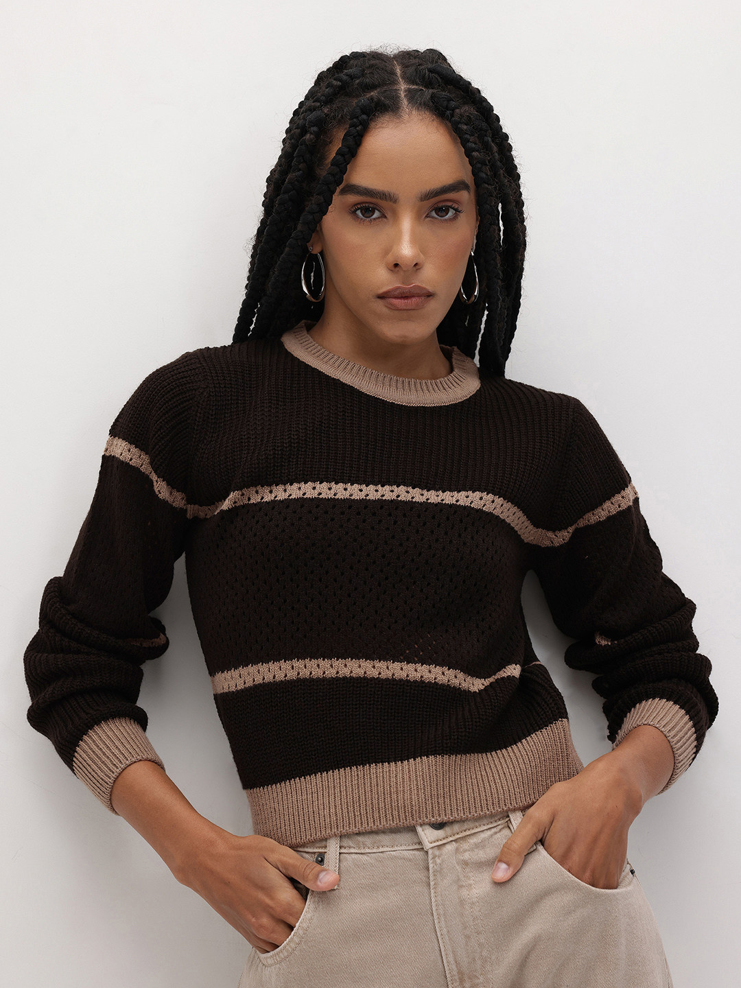 The Roadster Life Co. Striped Pointelle Knit Pullover Sweater