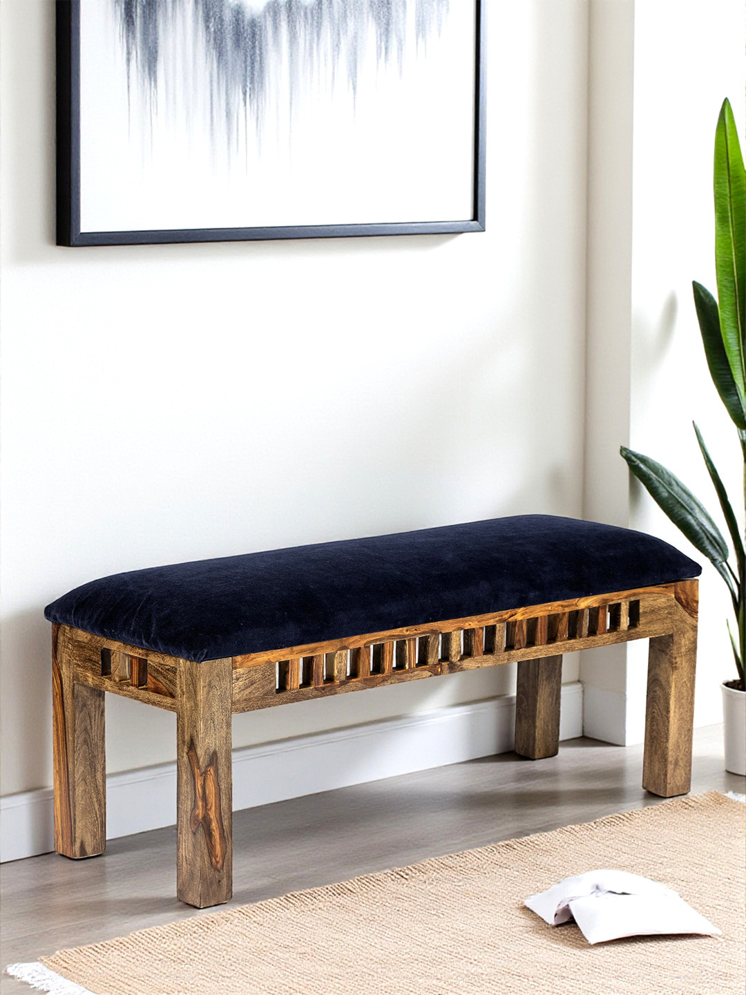 Ikiriya Milford Sheesham Wood Accent 3 Seater Bench In Blue Cotton Velvet