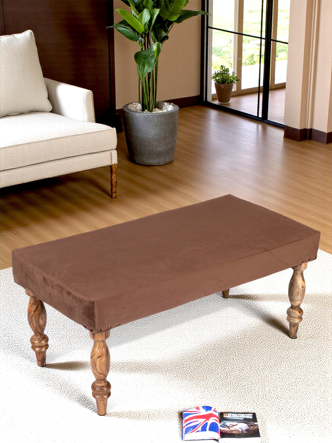 Ikiriya Bestone Sheesham Wood Accent 2 Seater Bench In Taupe Brown Velvet