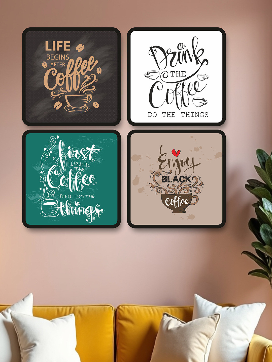 SAF Black & White 4-Pieces Coffee Theme Printed Framed Wall Art
