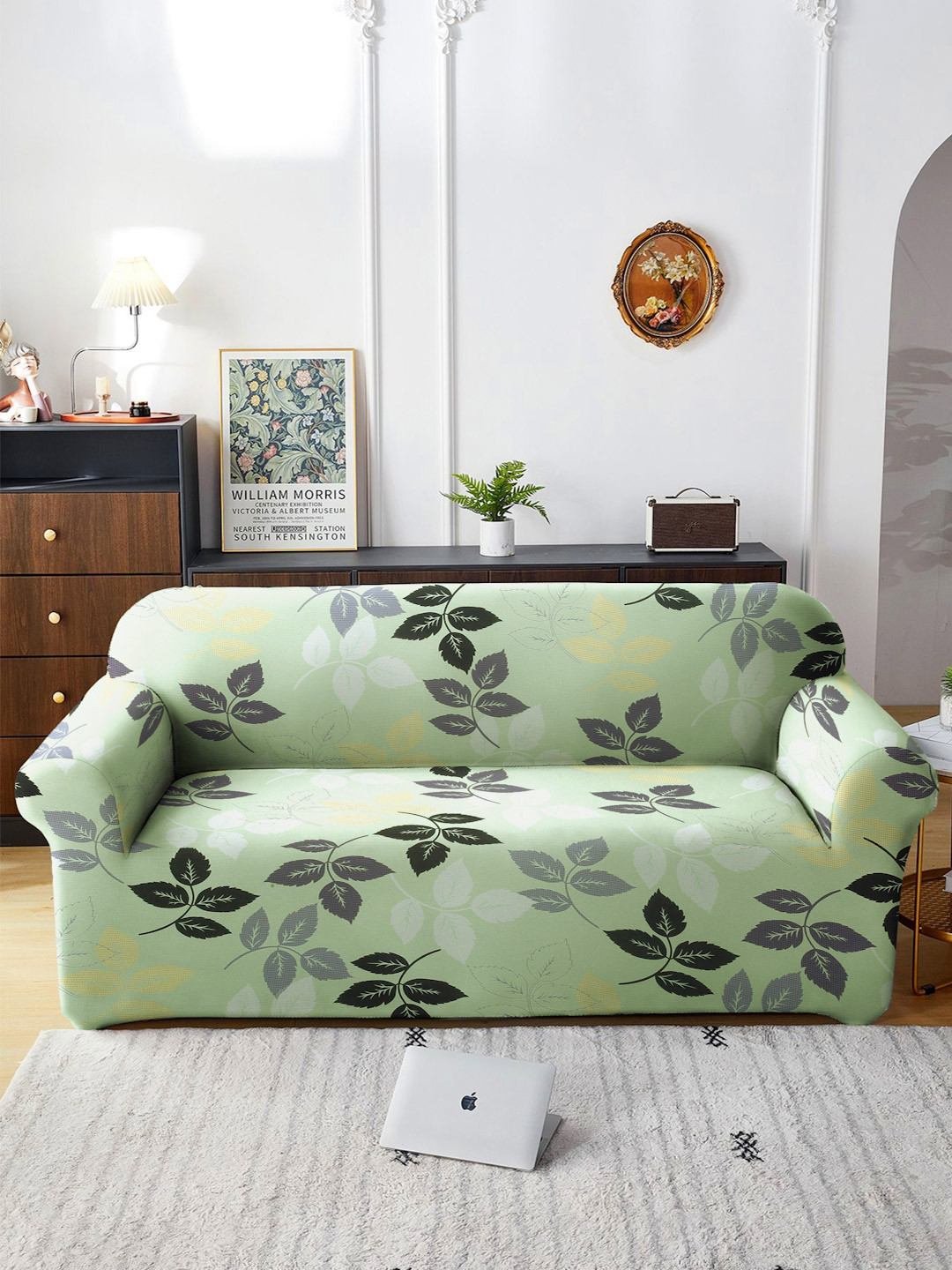 Cortina Green & Black Nature Printed 3- Seater Sofa Cover