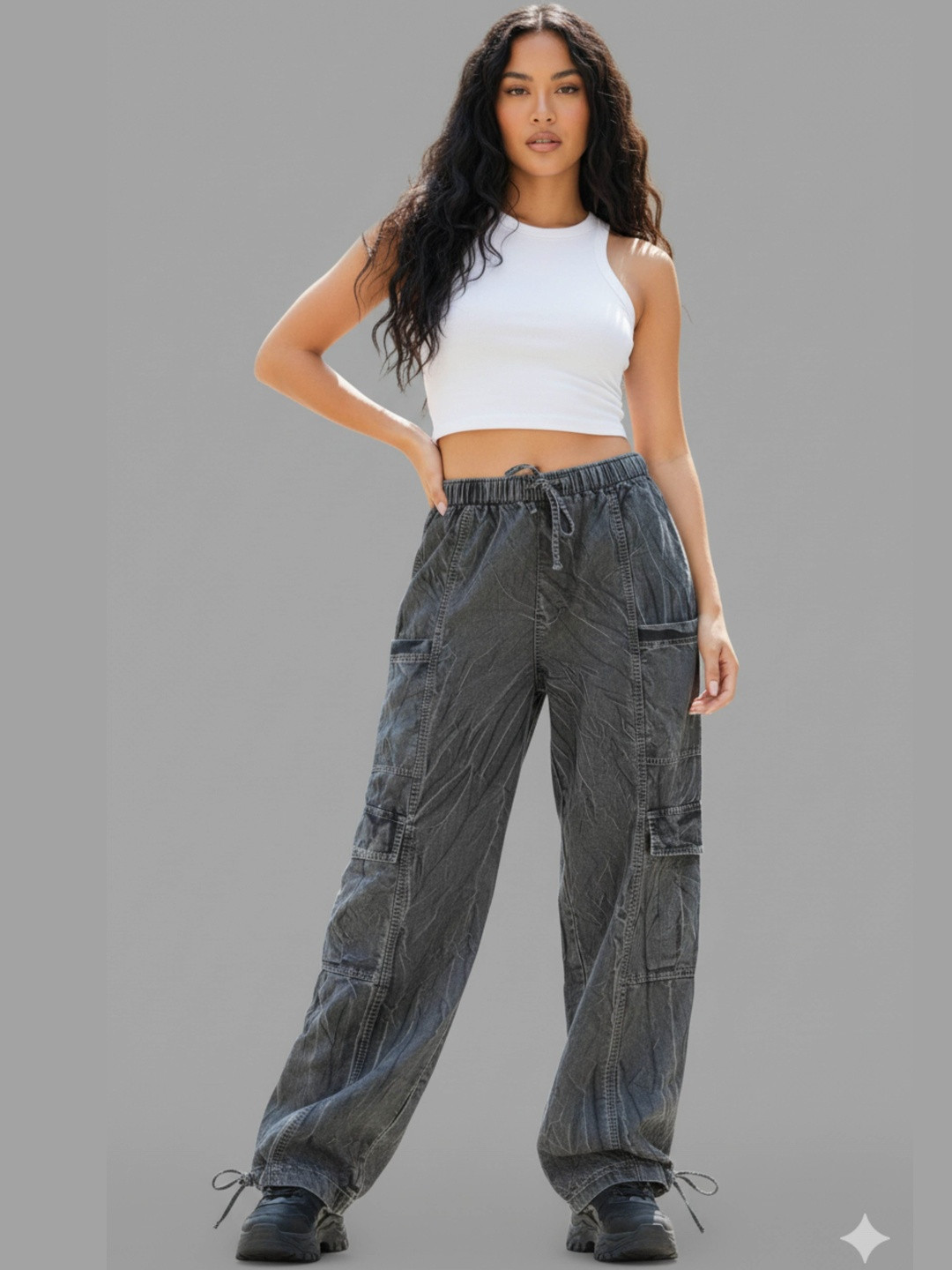 NUEVOSDAMAS Women Charcoal Grey Loose Fit Solid Drawstring High-Rise Cargo Pant