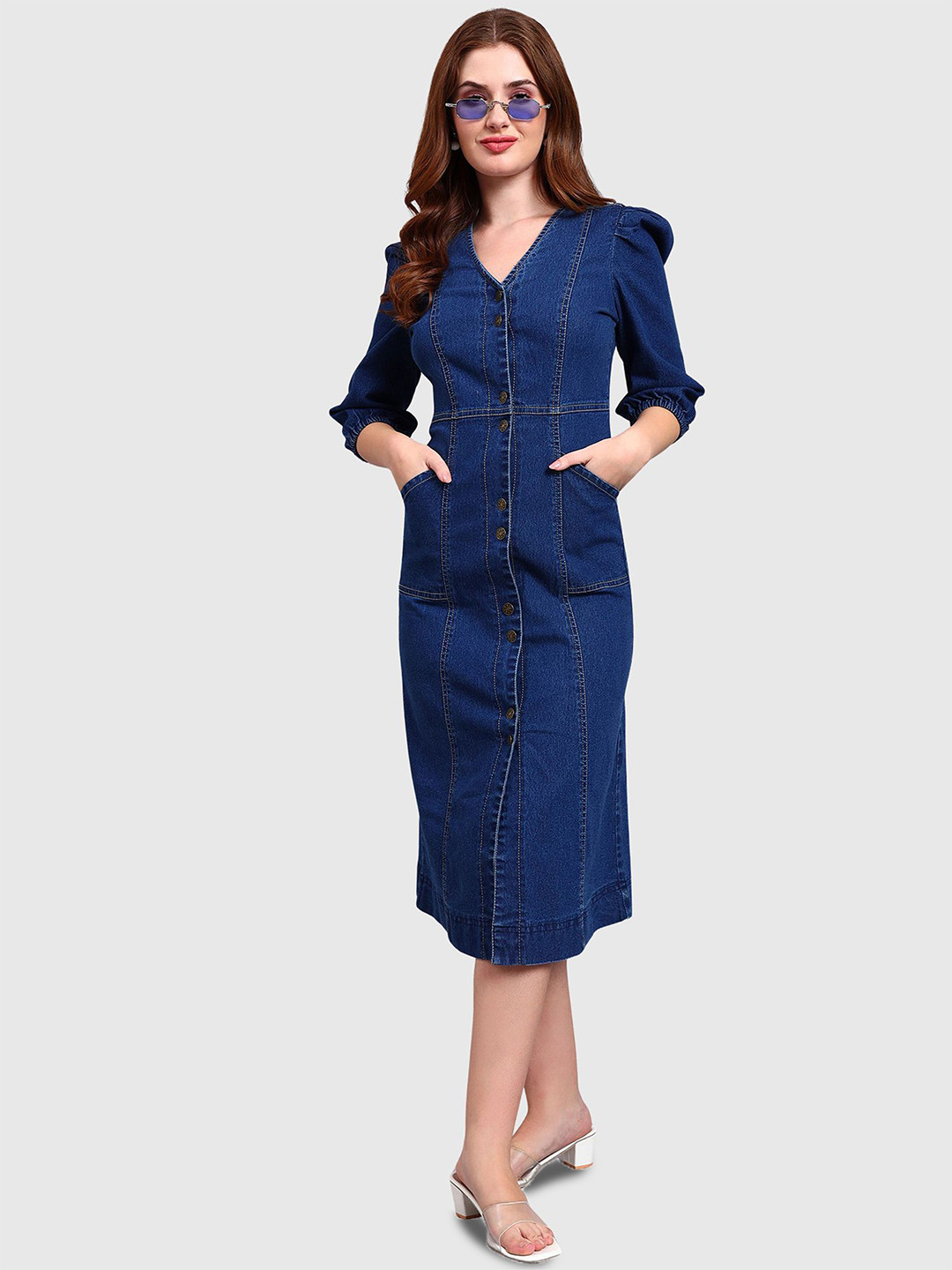 Orchid Blues Puff Sleeve Denim Shirt Midi Dress