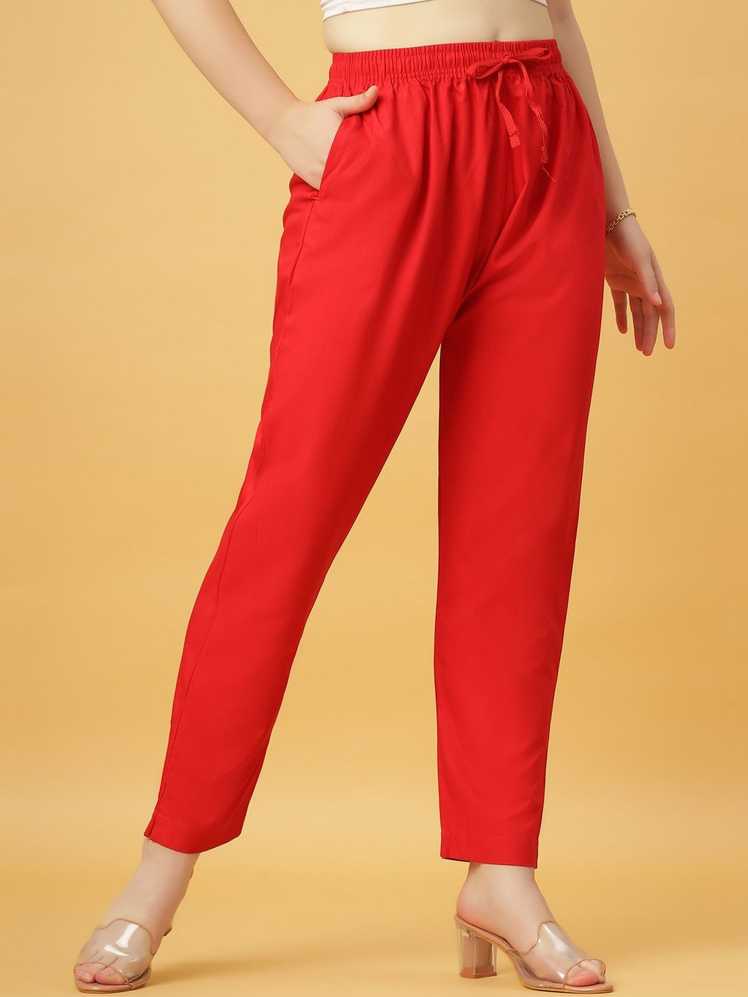 GANIX FASHION THAT DEFINE YOU Women Red Viscose Rayon Solid Straight Fit Regular Trousers