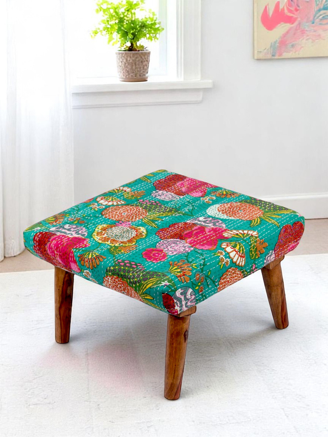 Ikiriya Sheesham Wood Mid Century Square Ottoman In Sea Green Fruit Print Kantha Fabric