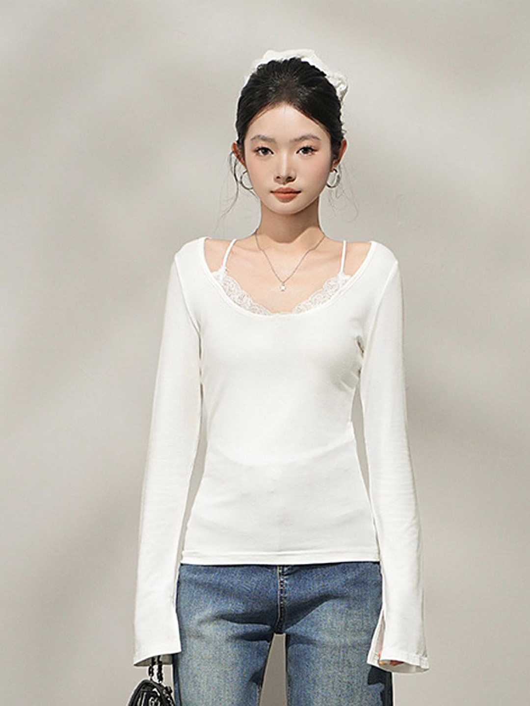 LULU & SKY White Scoop Neck Lace-Trim Top