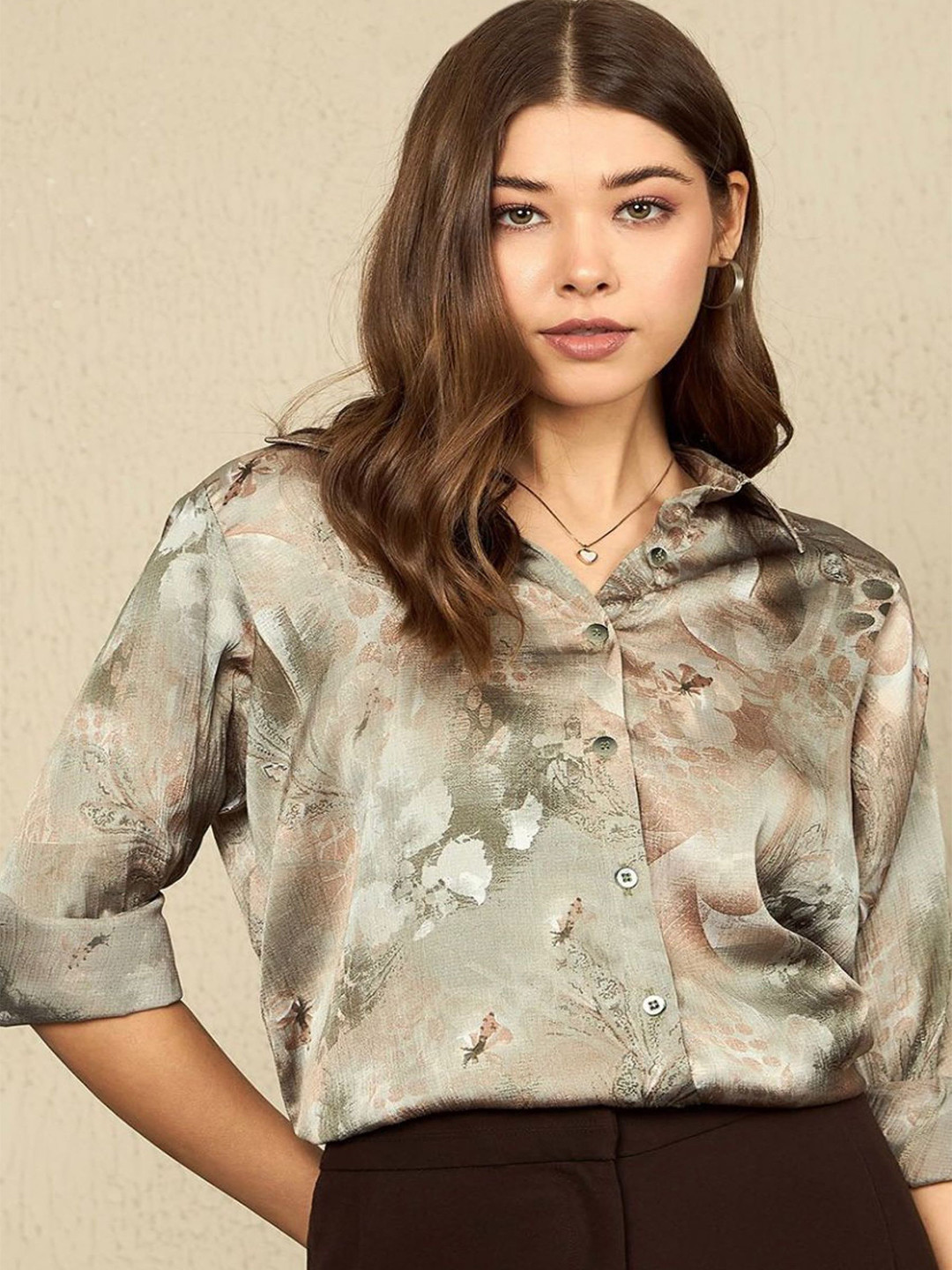 ANN SPRINGS Women Comfort Fit Floral Printed Spread Collar Satin Casual Shirt
