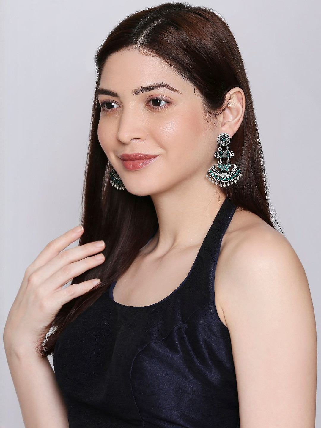 fabula Women Oxidised with Green Stone & Pearls Ethnic Drop Earrings