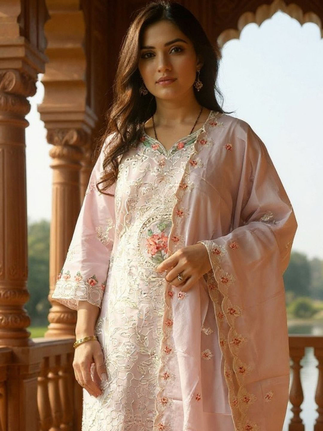 Indo Era Embroidered V-Neck Thread Work Pure Cotton Straight Kurta With Trousers & Dupatta