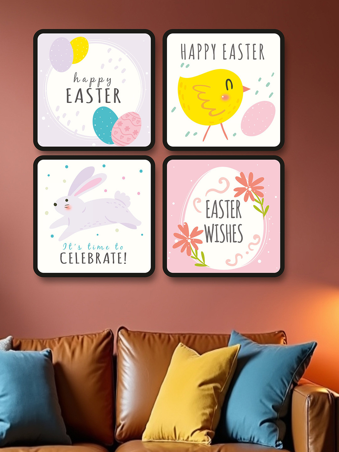 SAF White & Black 4-Pieces Happy Easter Printed Framed Wall Art