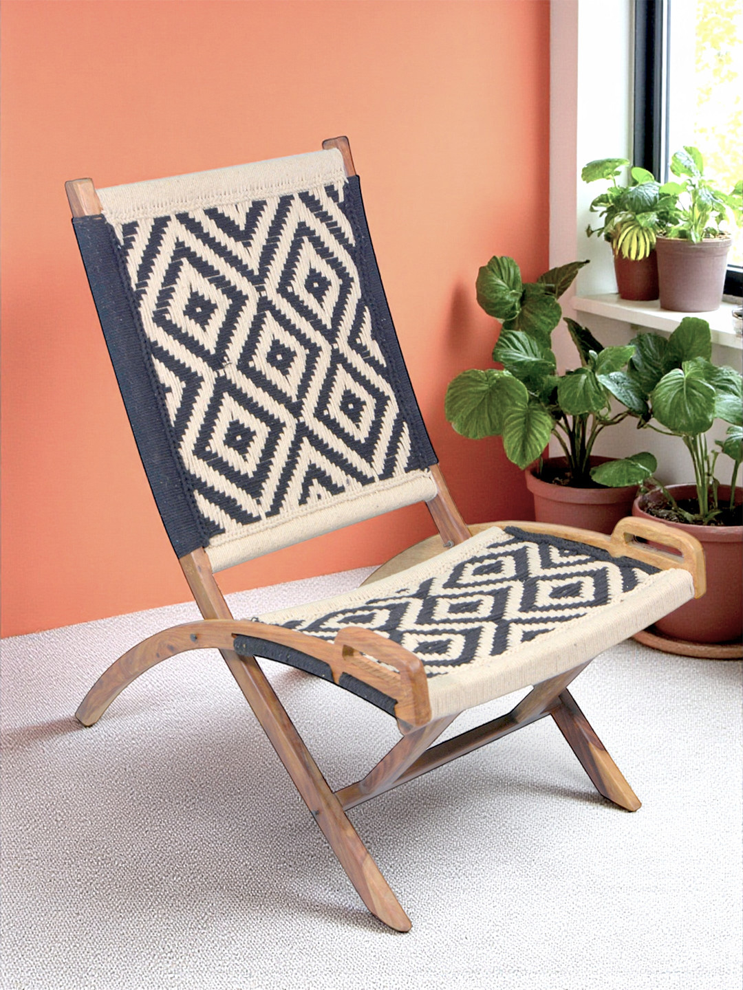 Ikiriya Natwest Sheesham Wood Vintage Relaxing Chair In Black & White Rope Canning