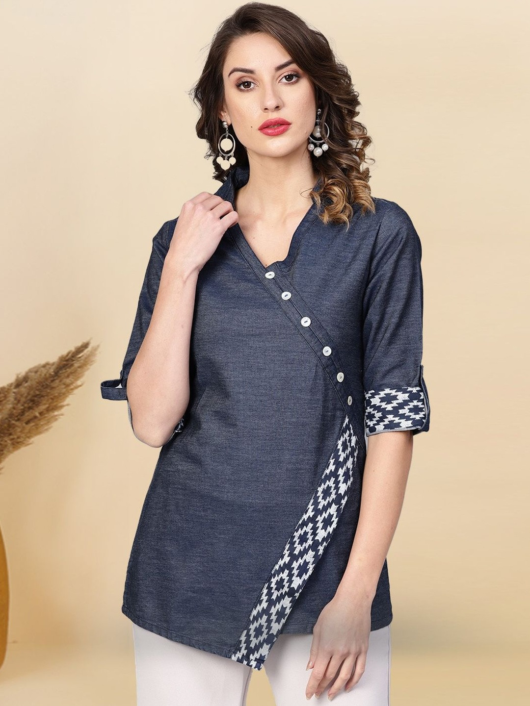 KALINI Women V-Neck Self Design Roll-Up Sleeves Printed Wrap Tops