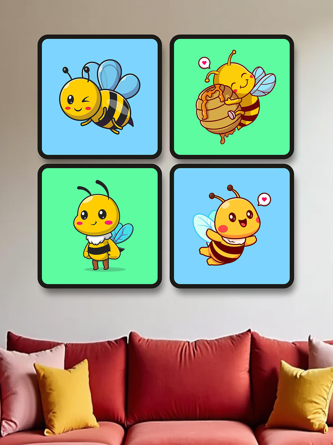 SAF Green & Blue 4 Pieces Little Cute Honeybee Painting Framed Wall Art