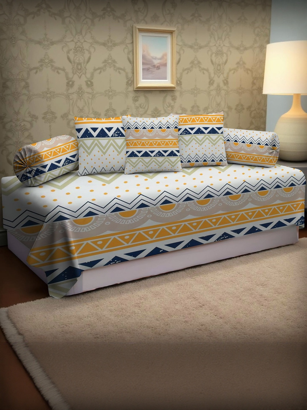 IVAZA White Blue & Yellow Set of 6 Geometric Printed Diwan Set