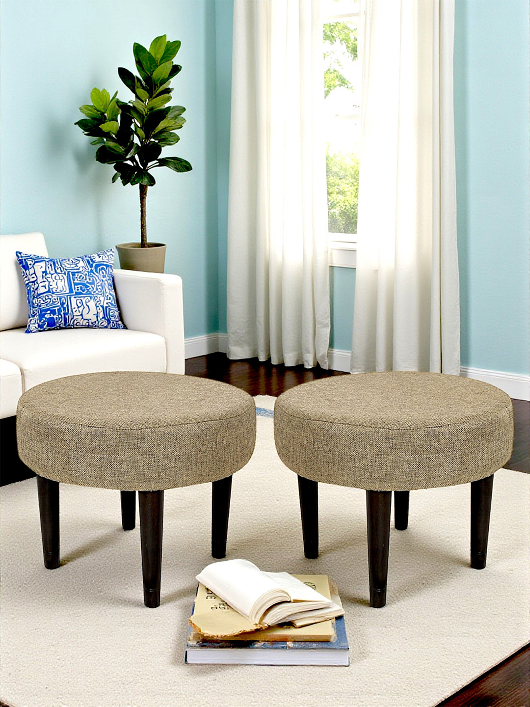 Ikiriya Nayla Sheesham Wood Contemporary Round Set Of 2 Stools In Jute Beige Upholstery
