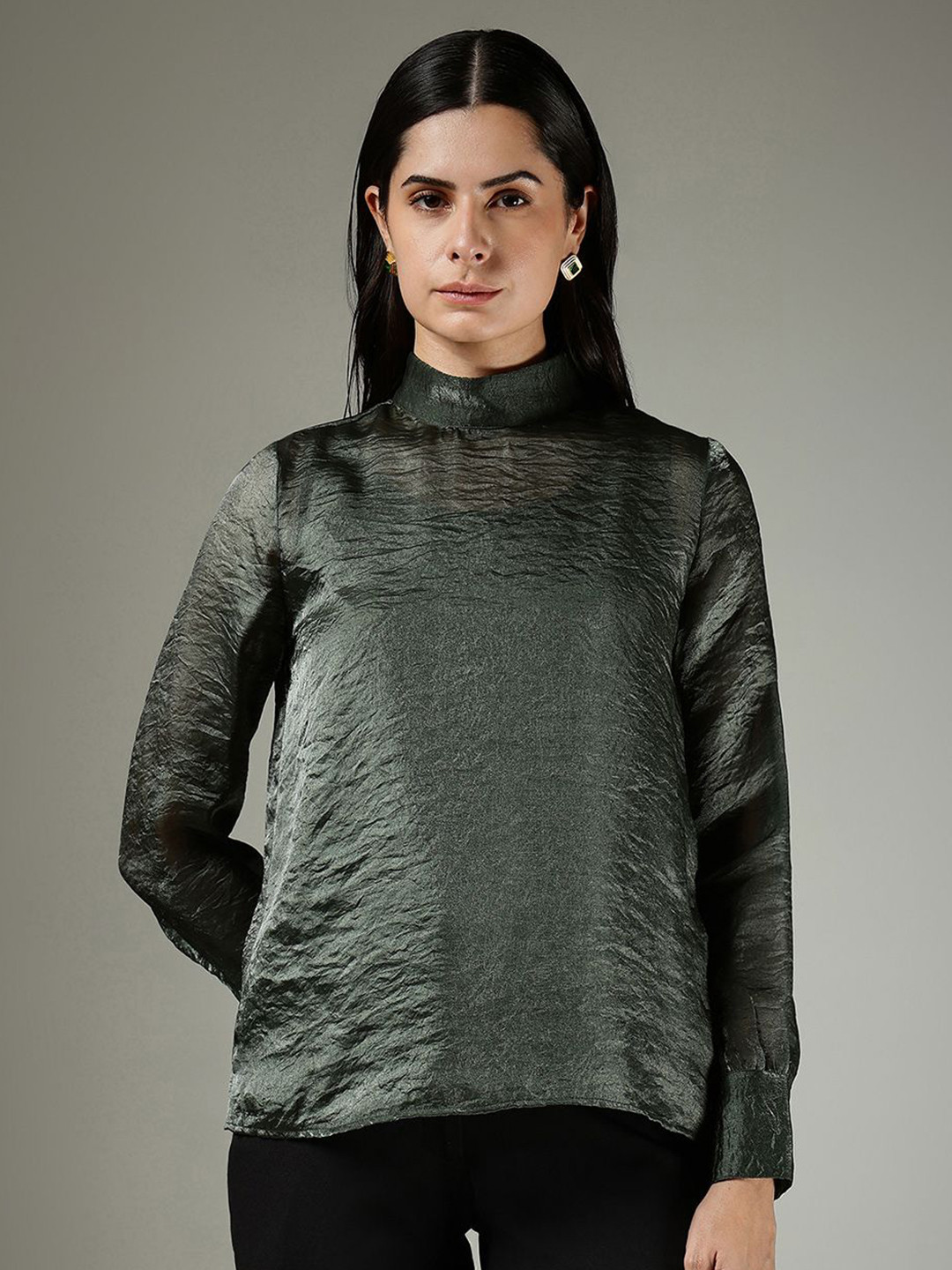 FableStreet Women Self Design High Neck Long Sleeves Silk Top - Green