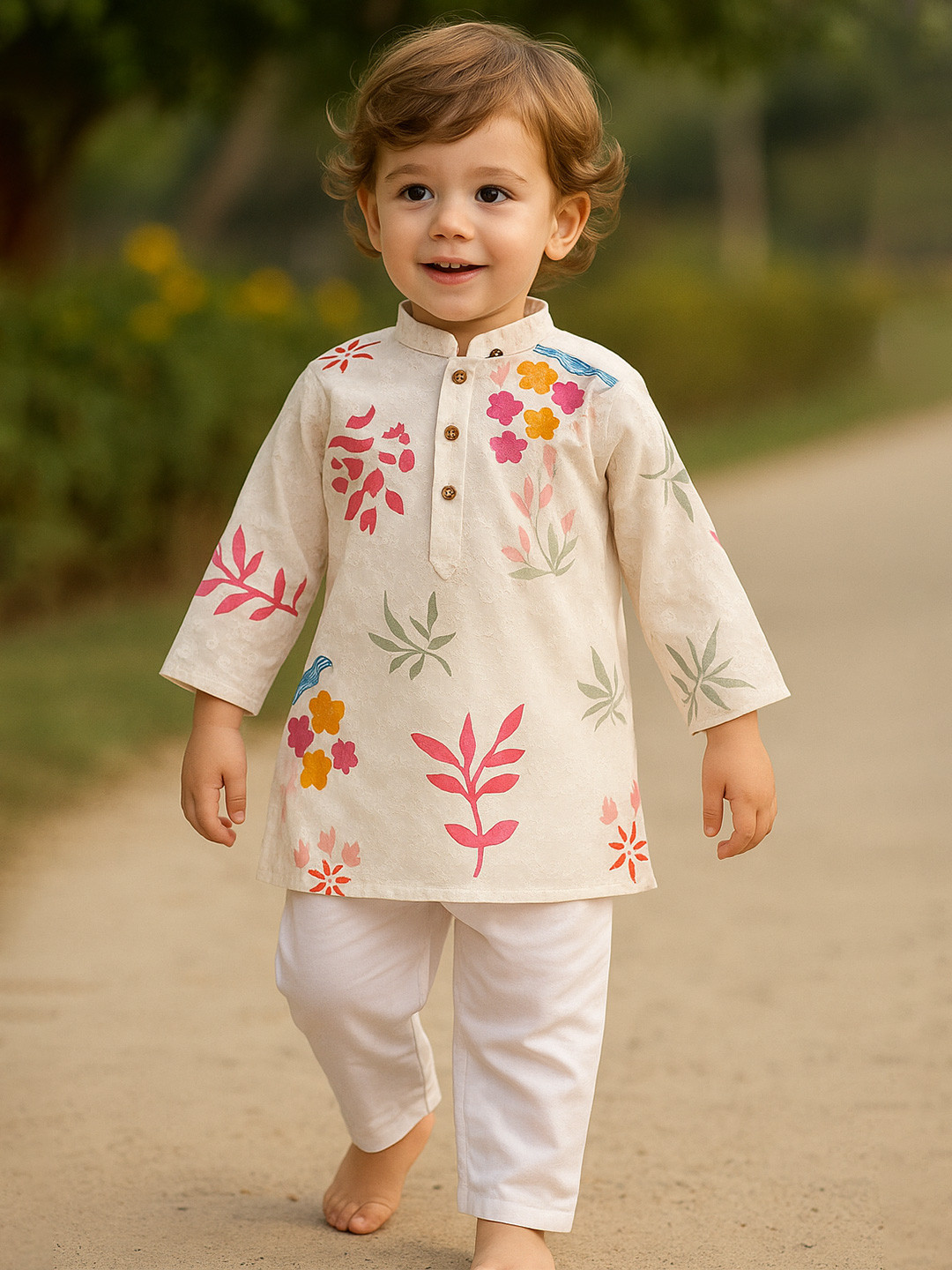 TRYBUY.IN Boys Floral Printed Regular Pure Cotton Kurti with Trousers Kurta Sets