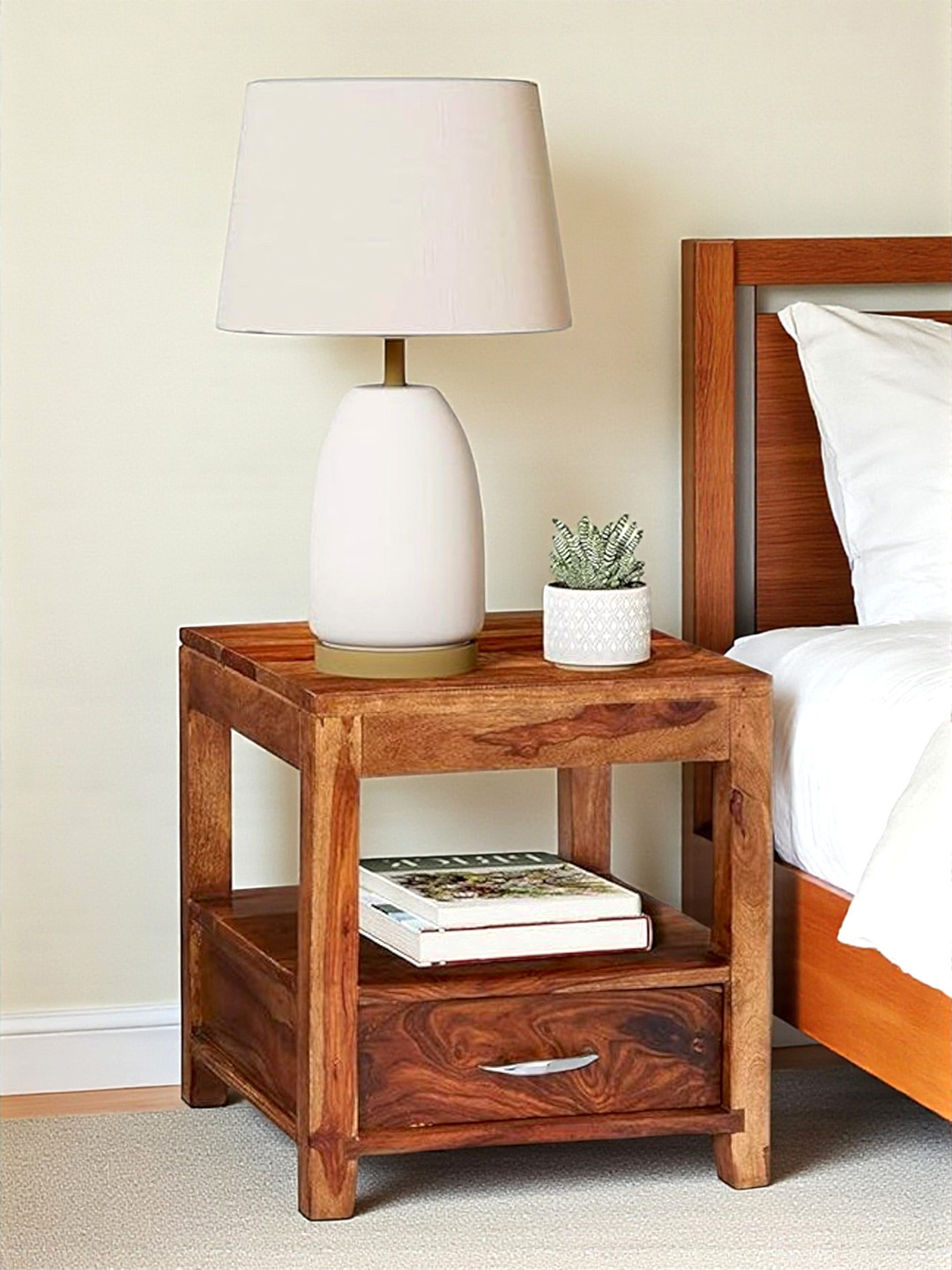 Ikiriya Kassel Sheesham Wood Contemporary Bedside Table/ End Table In Natural Teak Finish