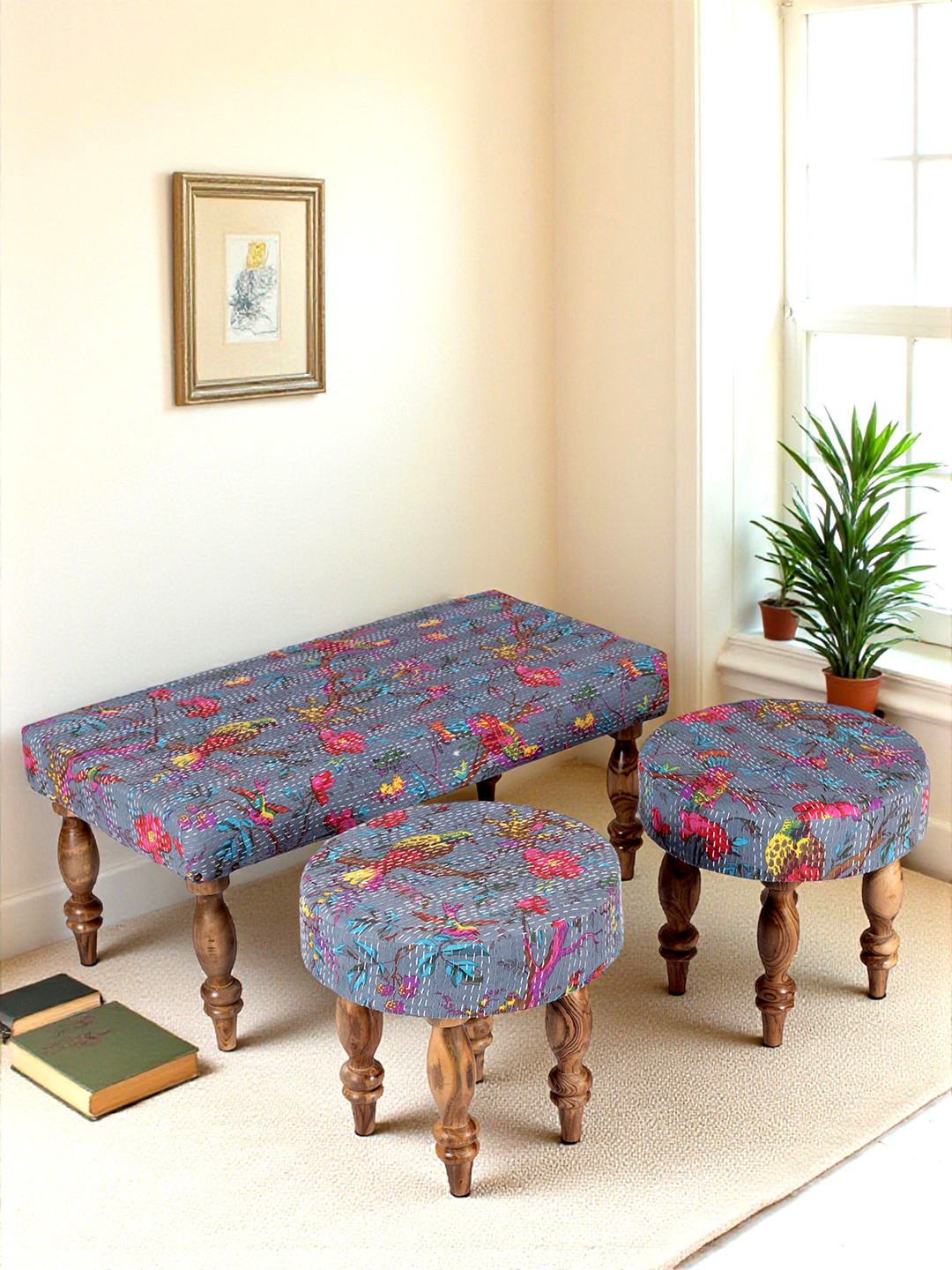 Ikiriya Rosewood 2+1+1 Seater Bench Set With 2 Stools In Grey Brid Print Kantha