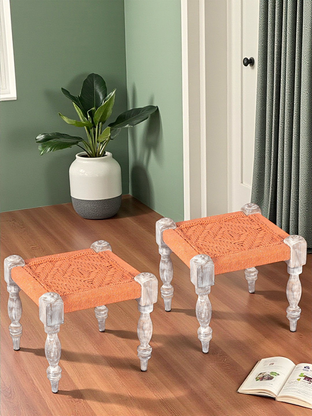 Ikiriya Riaza Sheesham Wood Vintage Square Maachi Set Of 2 Stools In Orange Rope Canning