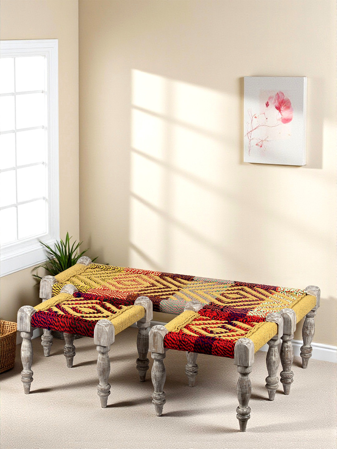 Ikiriya Sheesham Wood 3+1+1 Maachi Bench Set With 2 Stools In Multi Colour Chindi Ropes