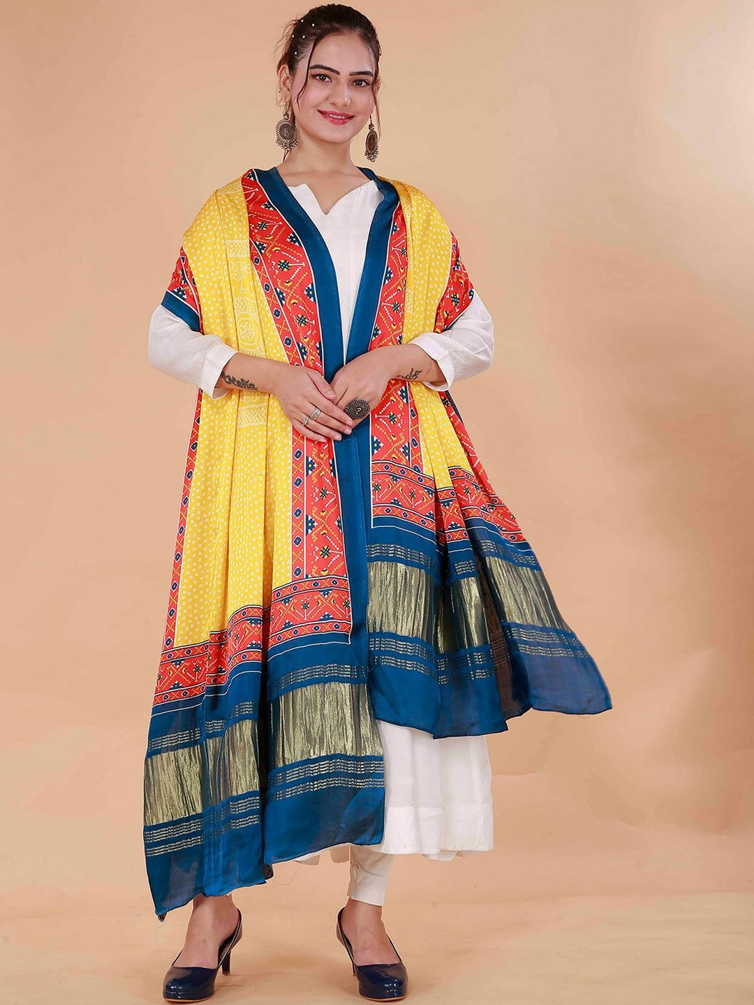 Desibutik Yellow Printed Gaji Silk Dupatta