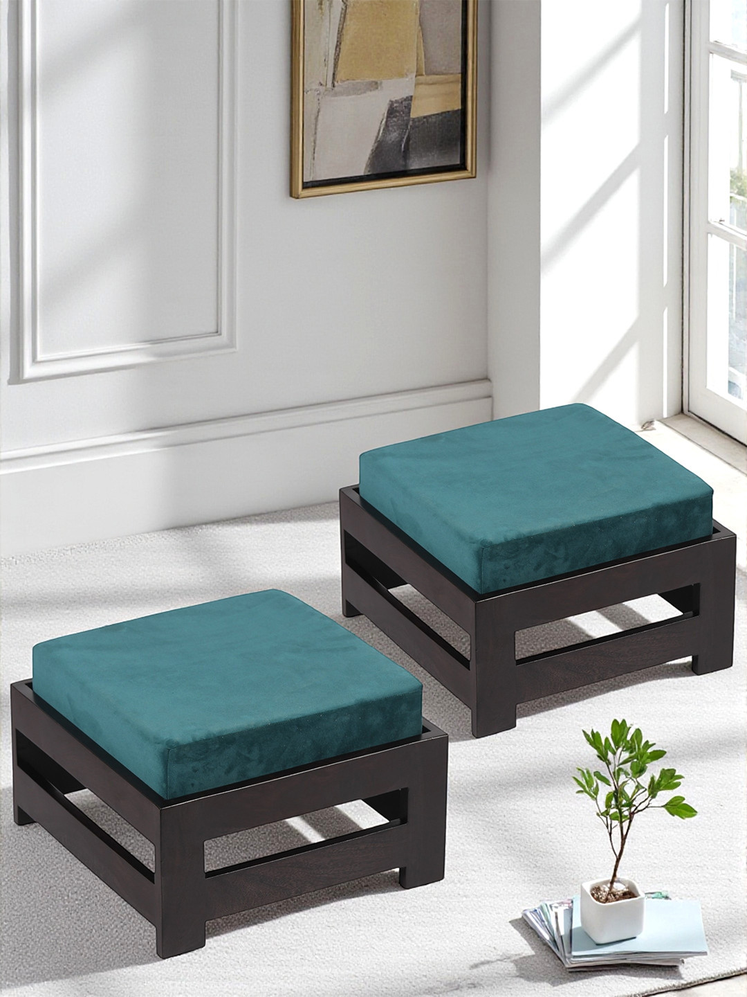 Ikiriya Rosewood Set Of 2 Stools In Dark Mahagony Finish With Turquoise Sea Velvet Cushion