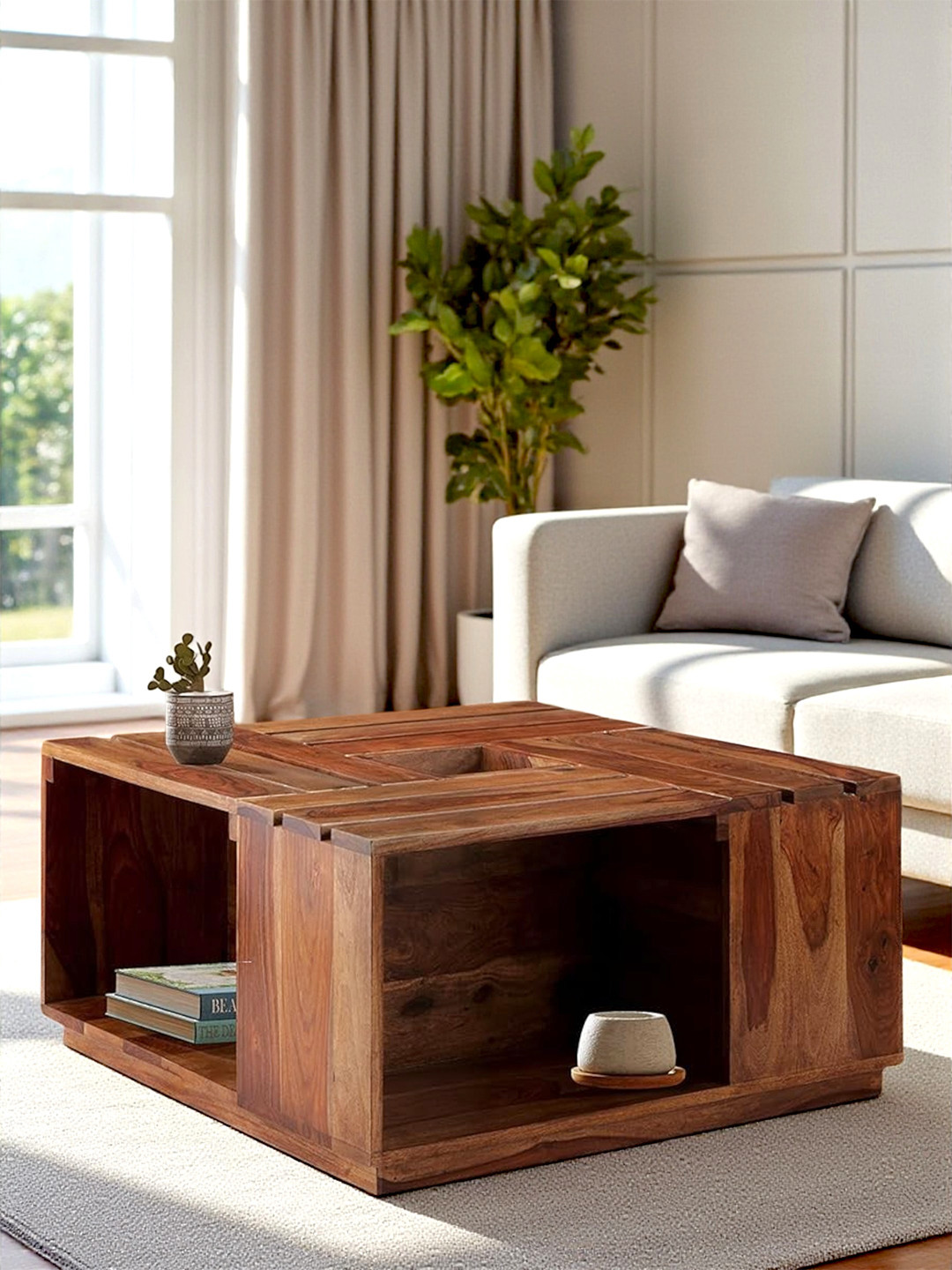 Ikiriya Sheesham Wood Accent Coffee Table In Natural Teak Finish