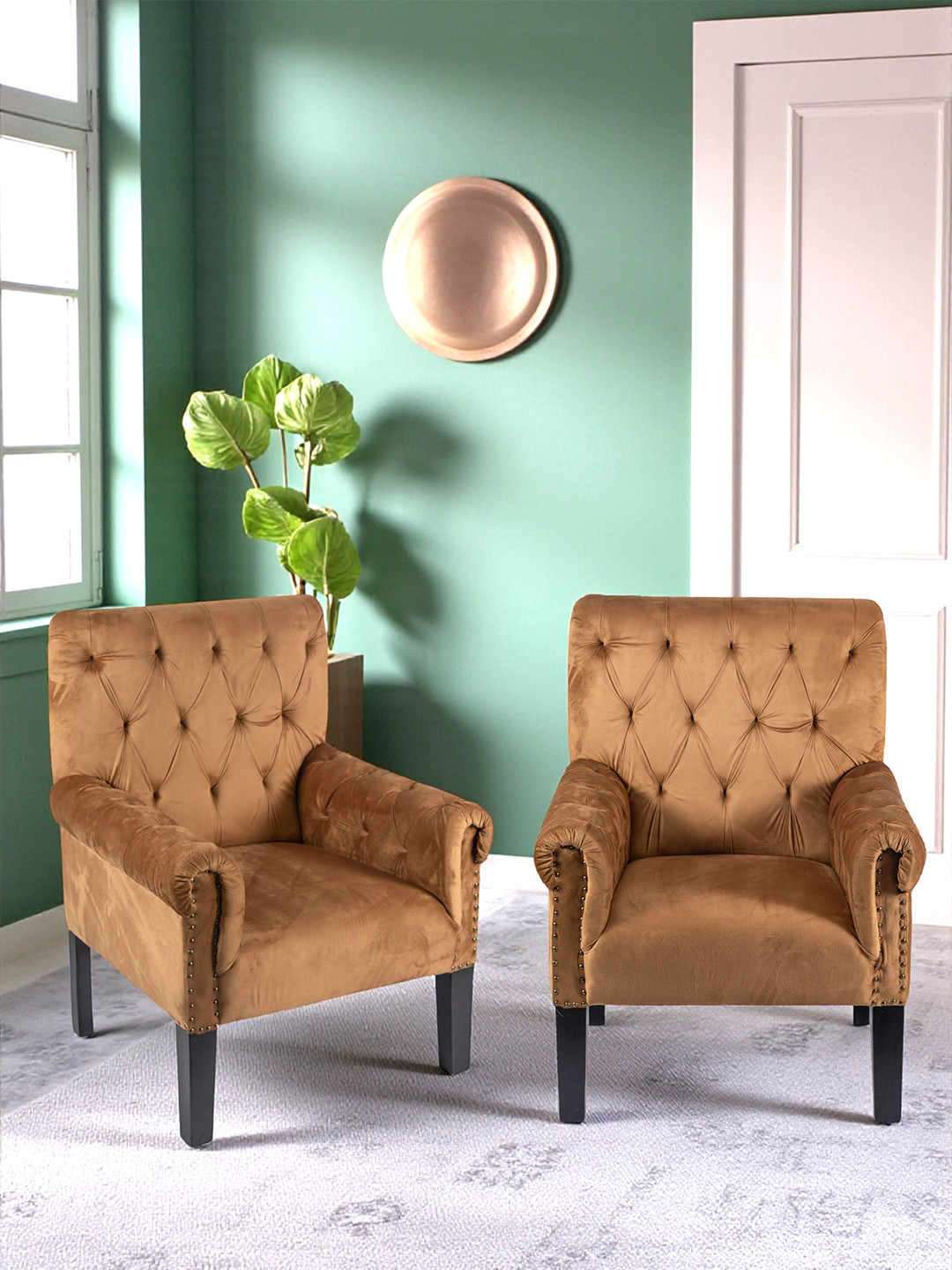 Ikiriya Arista Sheesham Wood Accent Set Of 2 Lounge Chair In Taupe Brown Velvet Upholstery