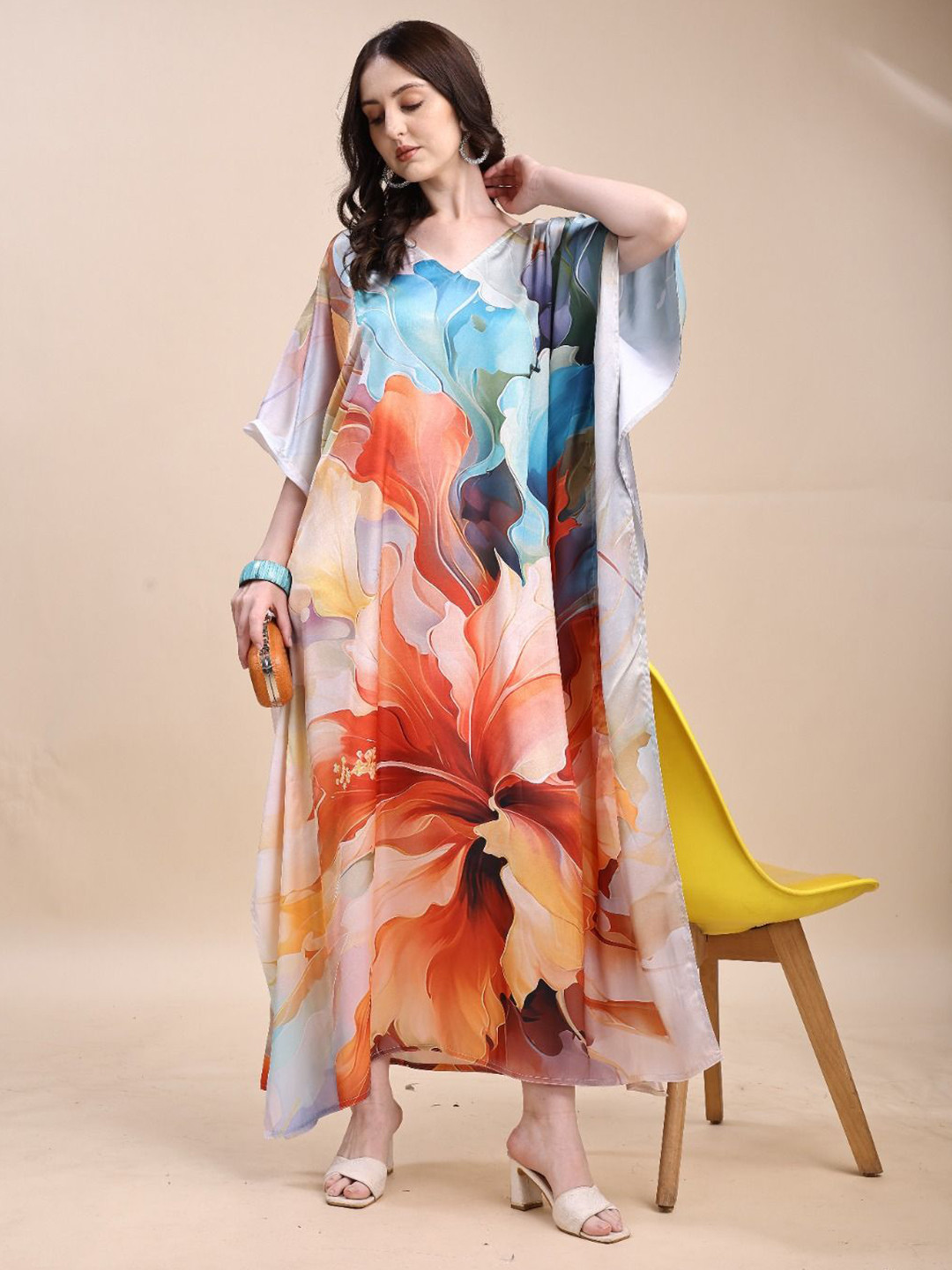 SWI Stylish Women Abstract Printed Daily Satin Kaftan Kurta