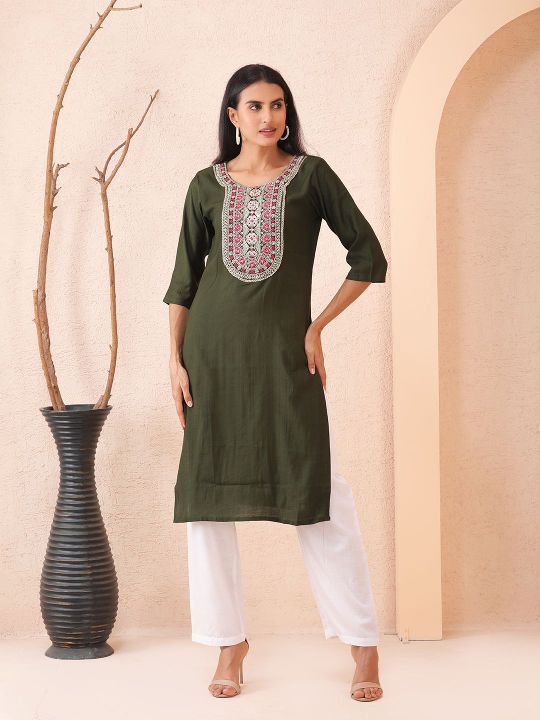 Sold For Style Floral Yoke Design Thread Work Round Neck Cotton Straight Kurta