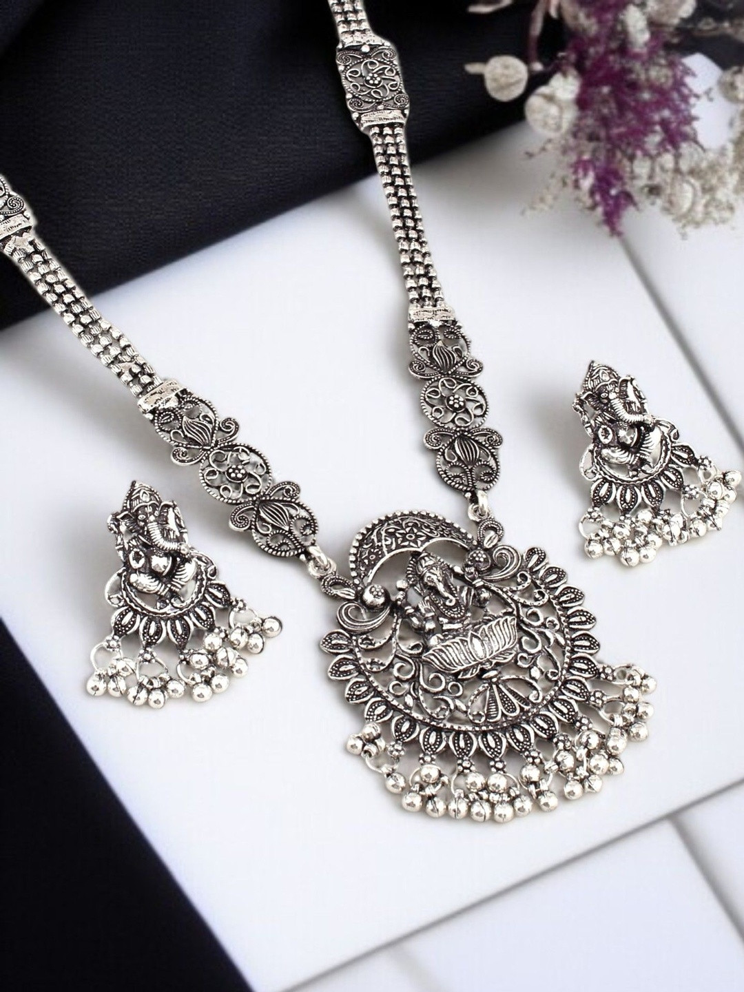 LUCKY JEWELLERY Silver Lord Ganesha Temple Oxidised Necklace And Earrings