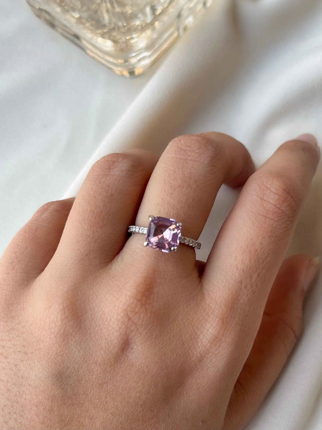 LOLO LePA Women Pink & Silver-Toned Cubic Zirconia Studded Brass Finger Ring