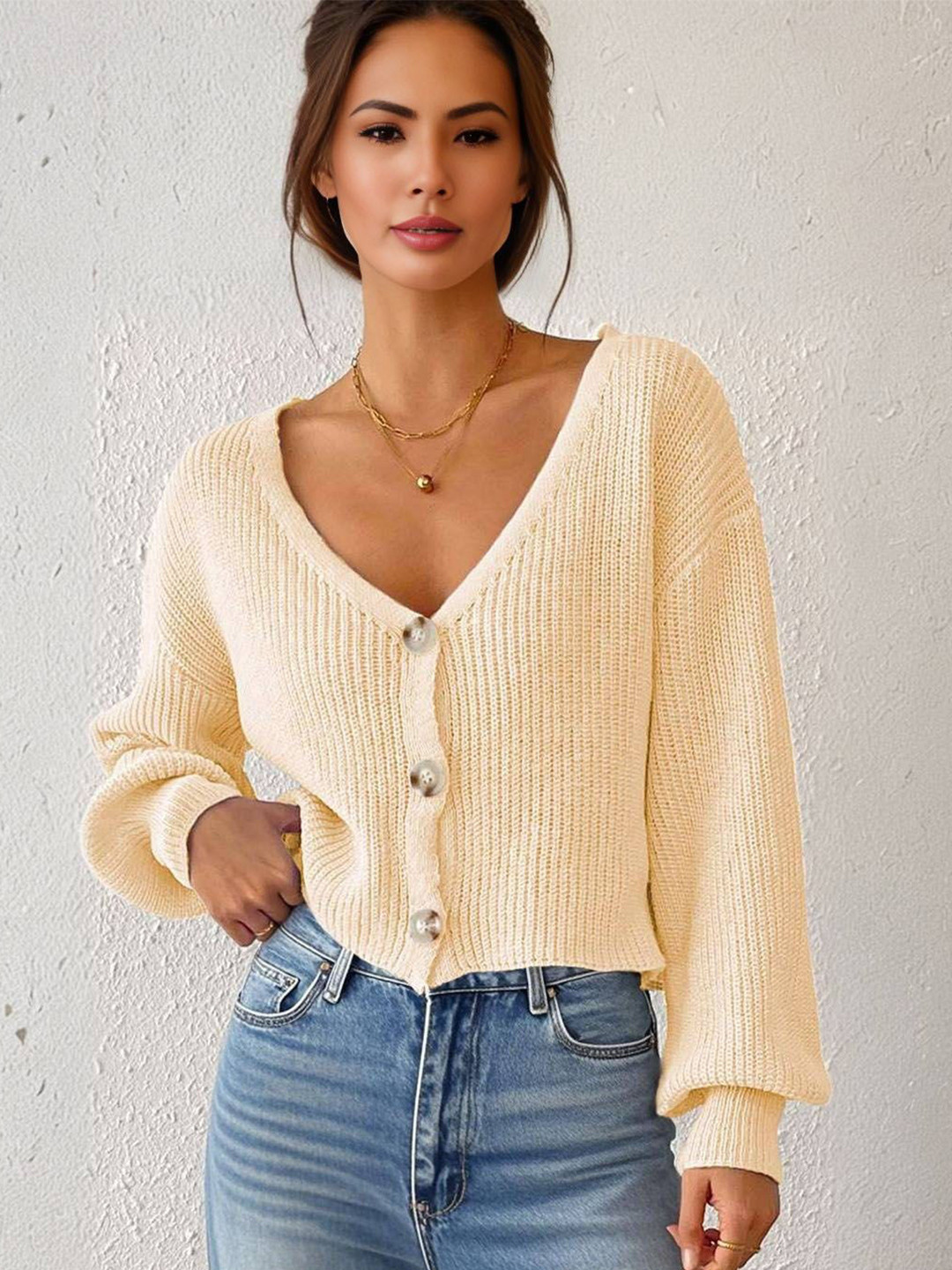 Blooming Tales Women Ribbed V-Neck Cardigan Sweater