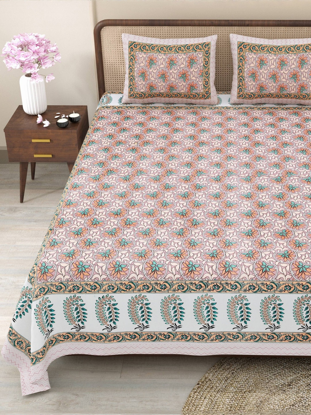 Myntra Elegant Homes Orange  Pure Cotton King Size Bedsheets With 2 pillow Cover