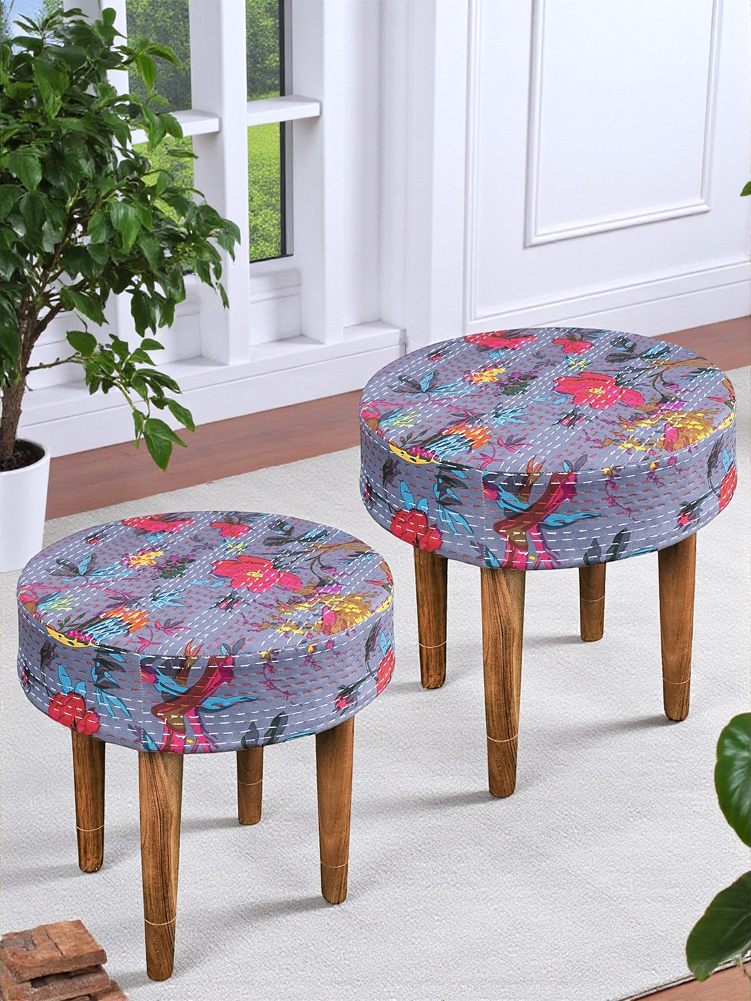 Ikiriya Sheesham Wood Mid Century Set Of 2 Stools In Grey Brid Print Kantha Upholstery