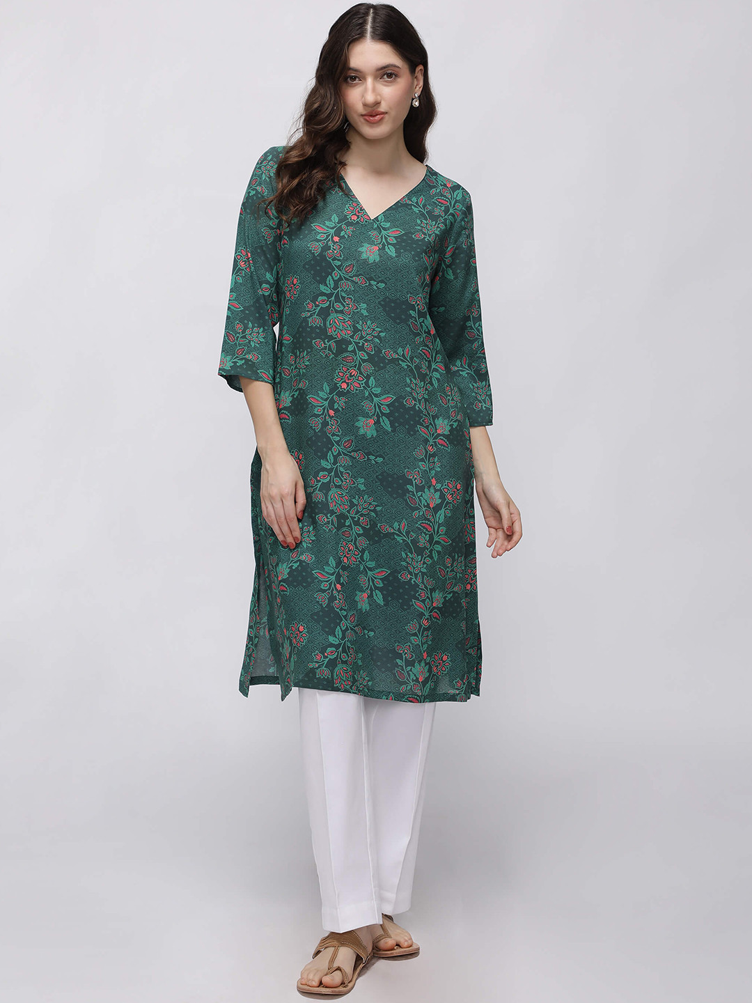 IDK Floral Printed V-Neck Straight Kurta