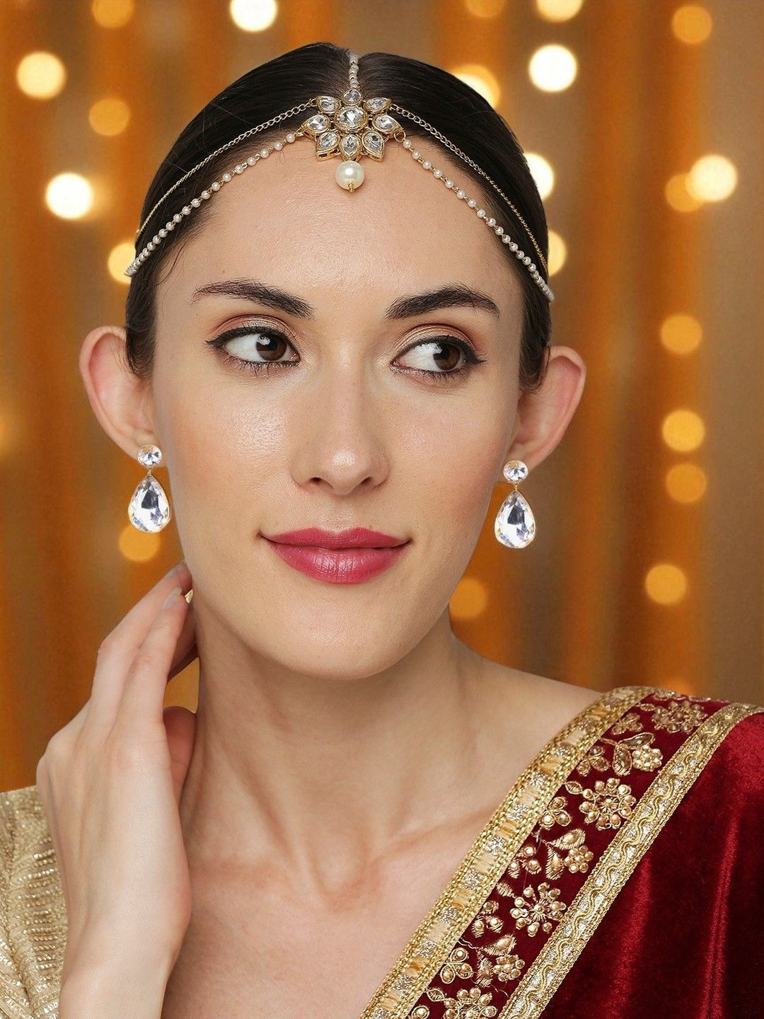 Anouk Women Gold-Tone Kundan Sheeshphool Matha Patti With Drop Earrings