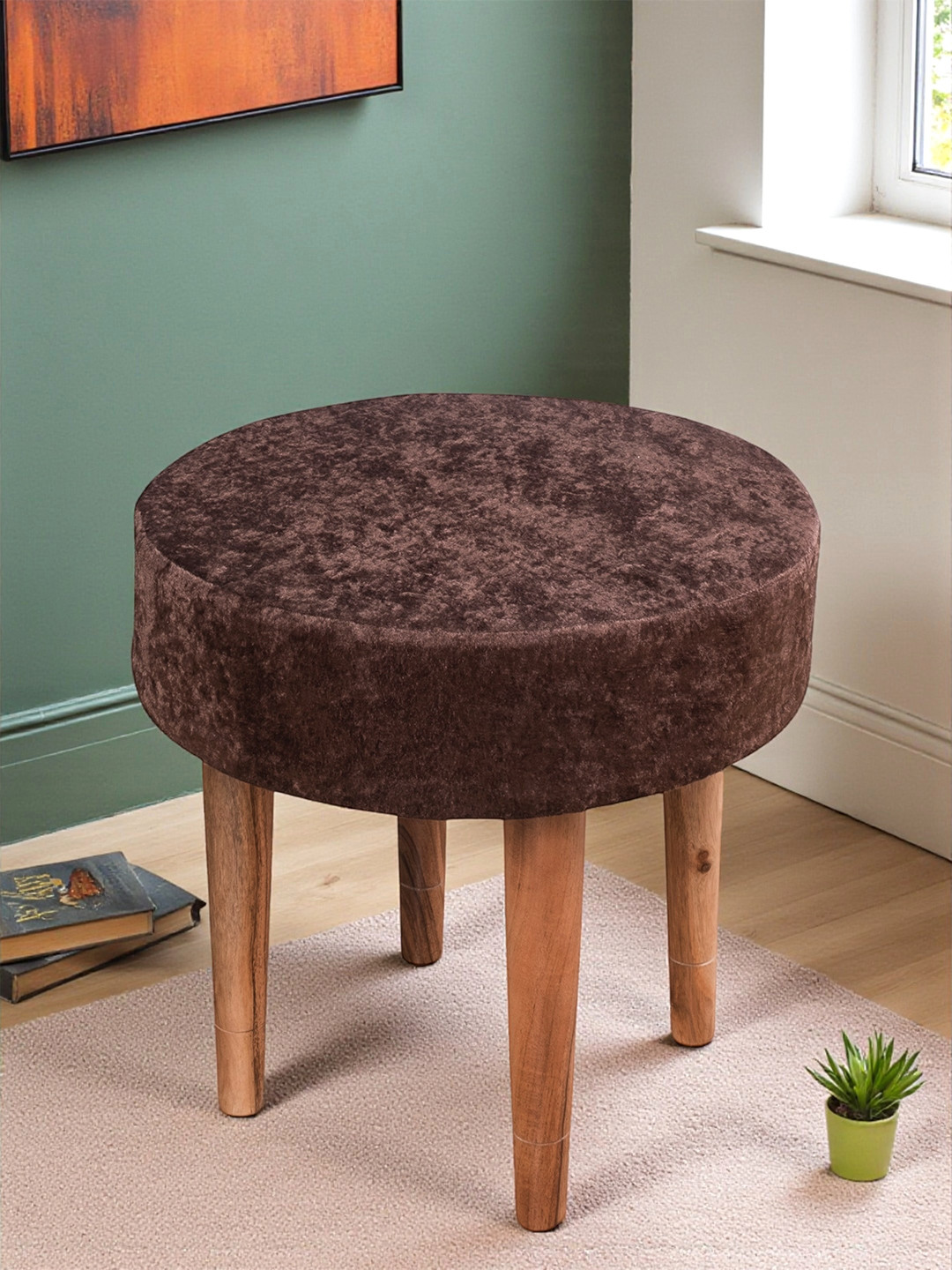 Ikiriya Sheesham Wood Contemporary Round Stool In Caramel Brown Sparkle Velvet Upholstery