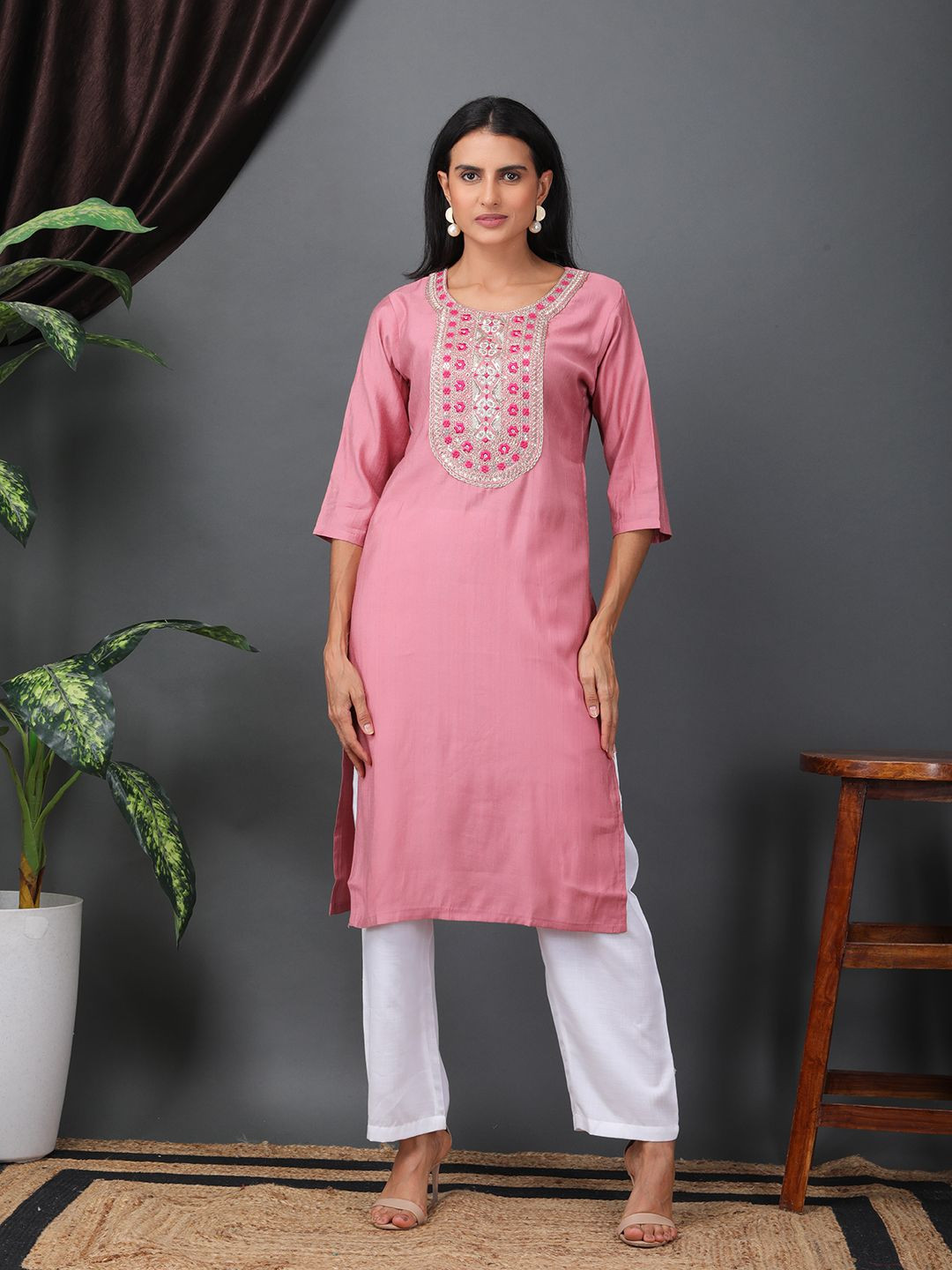 Sold For Style Floral Yoke Design Thread Work Cotton Round Neck Straight Kurta
