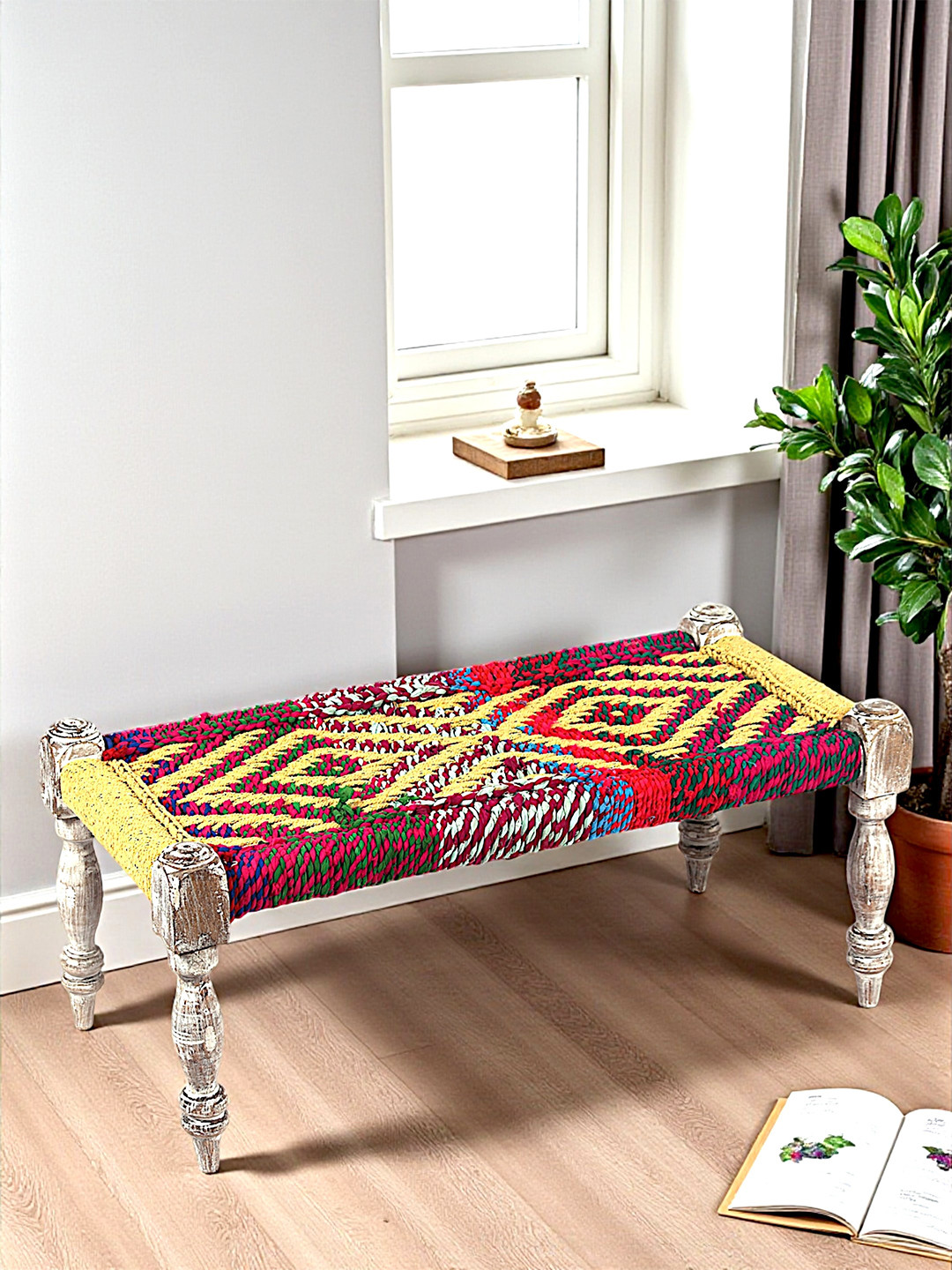 Ikiriya Sheesham Wood 2 Seater Maachi Bench In Multi Colour Chindi & Yellow Rope Canning