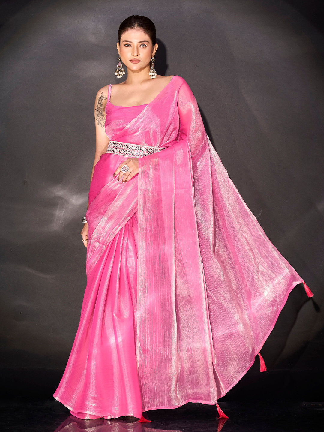 House of Pataudi Mirror Work Belted Sarees Saree with Blouse Piece