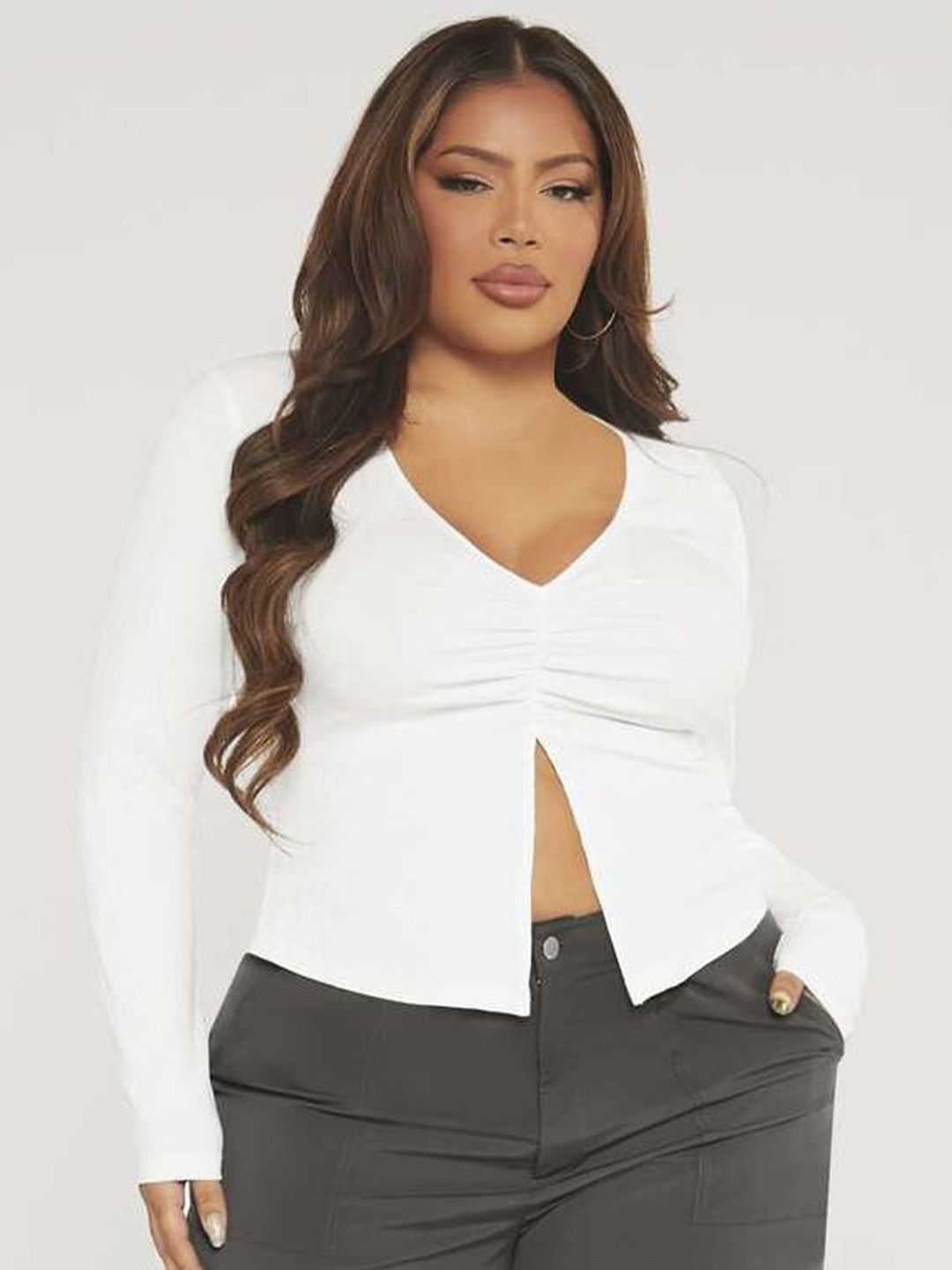 LULU & SKY Women Plus Size Crop V-neck Long Sleeve Top